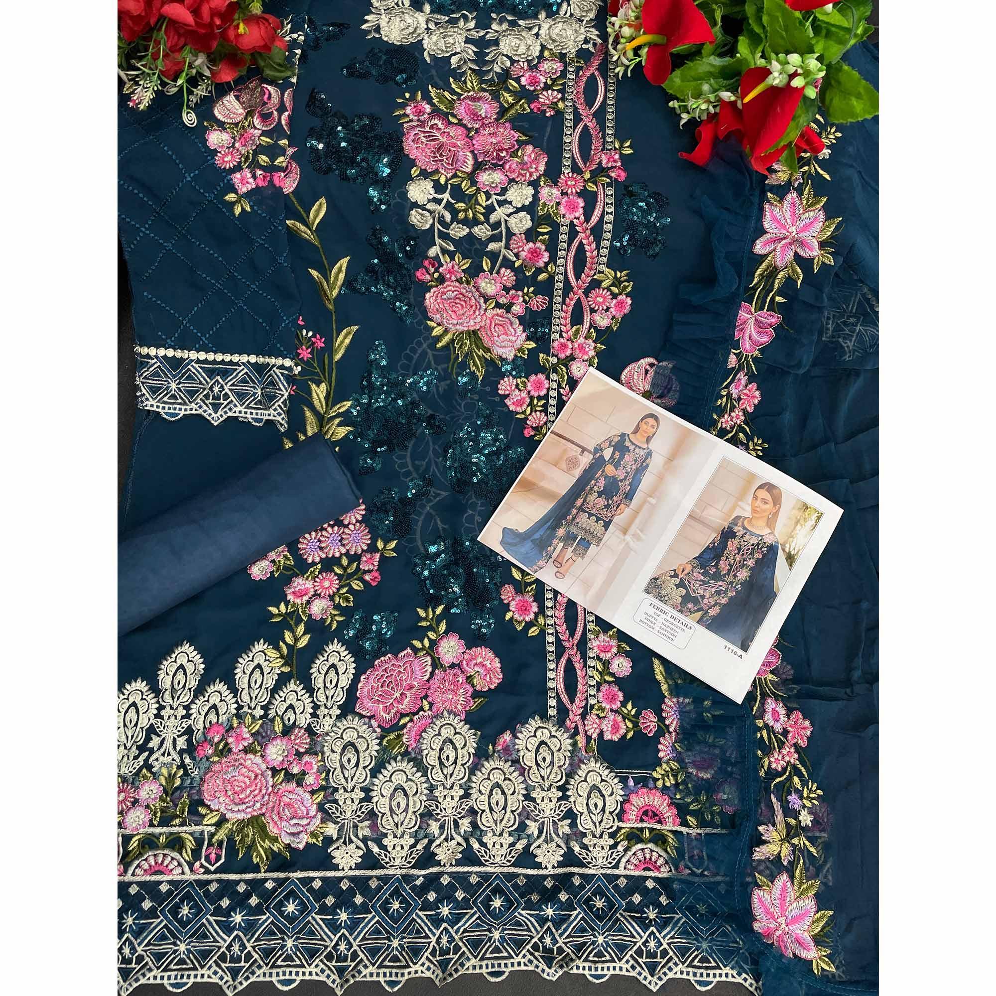 Sea Blue Embroidered Georgette Pakistani Suit - Peachmode