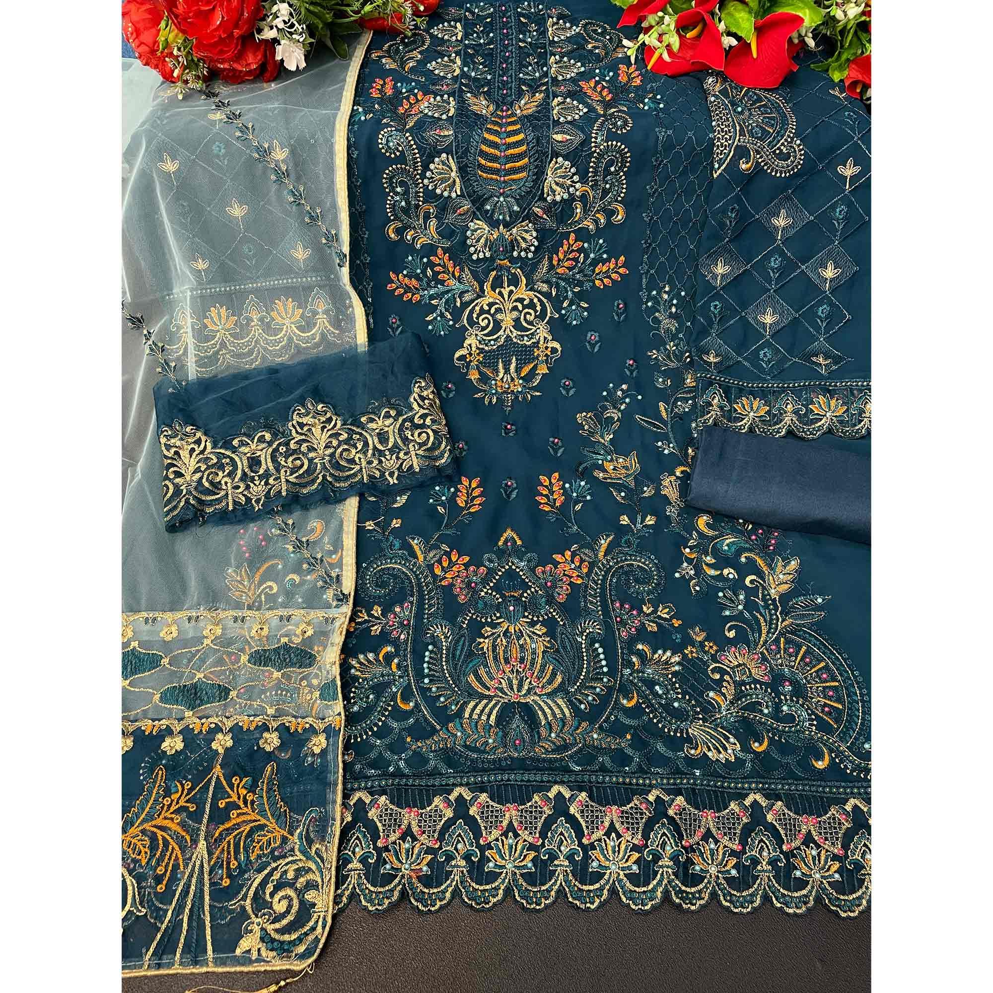Sea Blue Embroidered Georgette Pakistani Suit - Peachmode