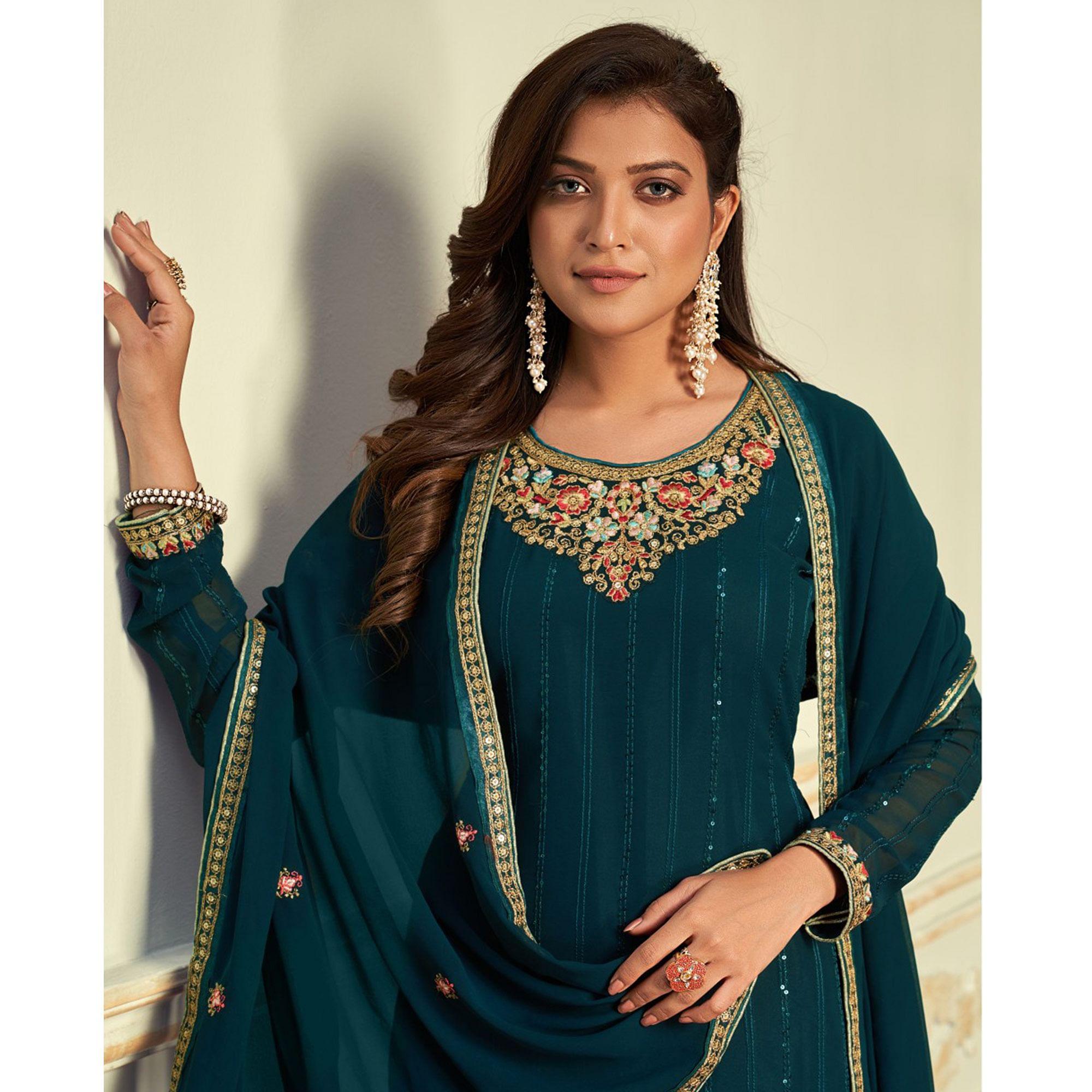 Sea Blue Embroidered Georgette Palazzo Suit - Peachmode