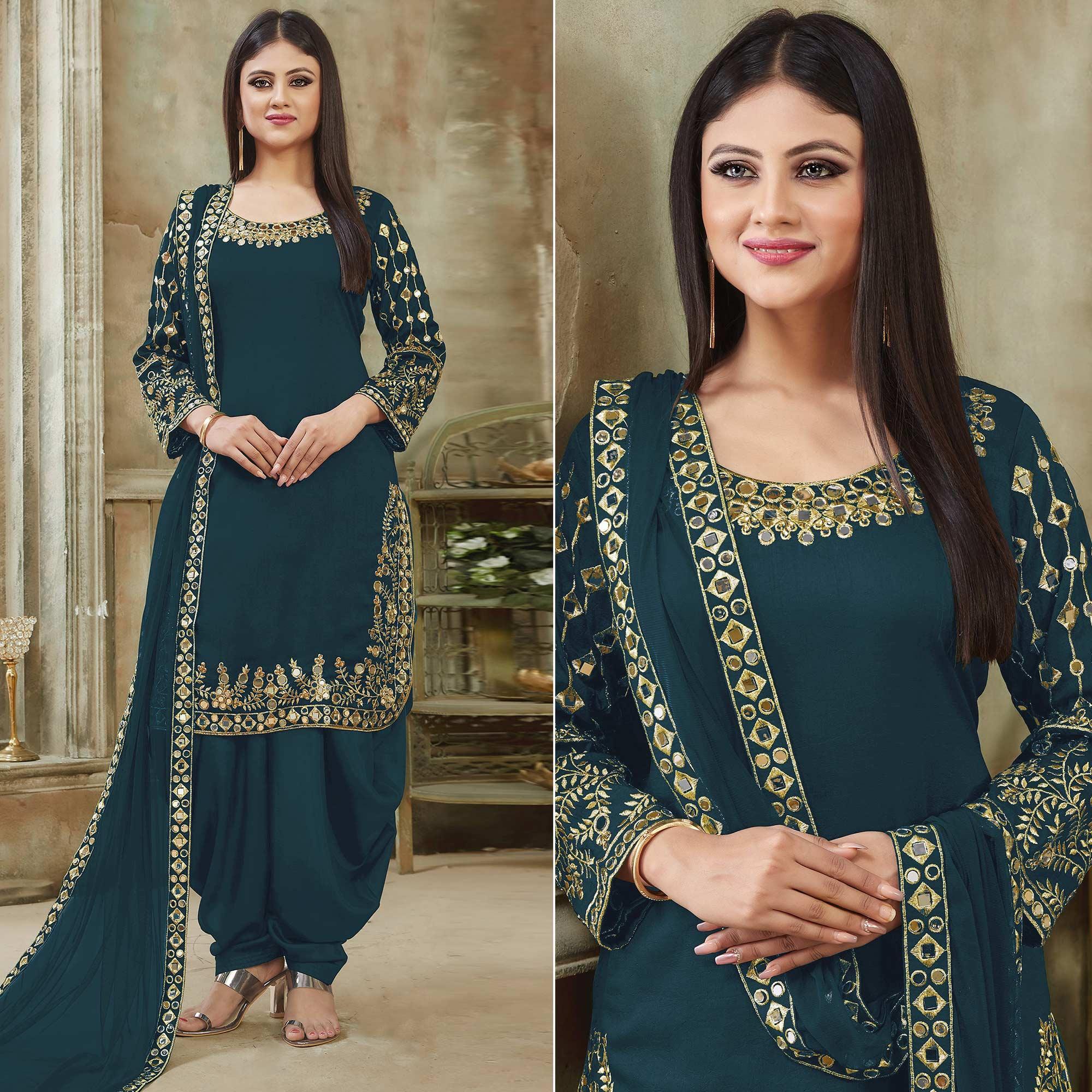 Sea Blue Embroidered Georgette Patiala Suit - Peachmode