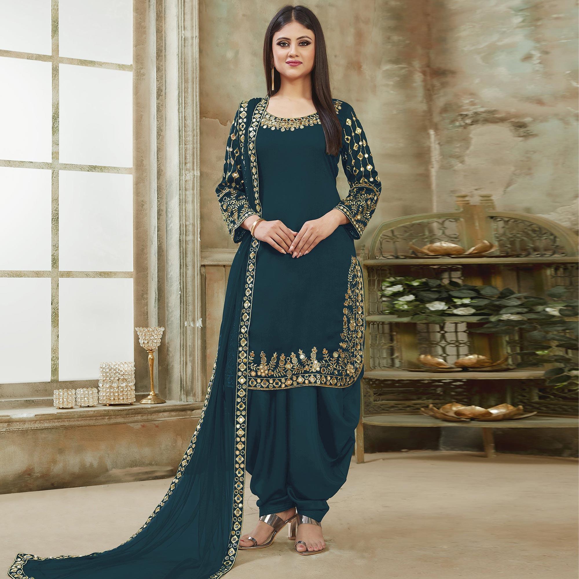 Sea Blue Embroidered Georgette Patiala Suit - Peachmode