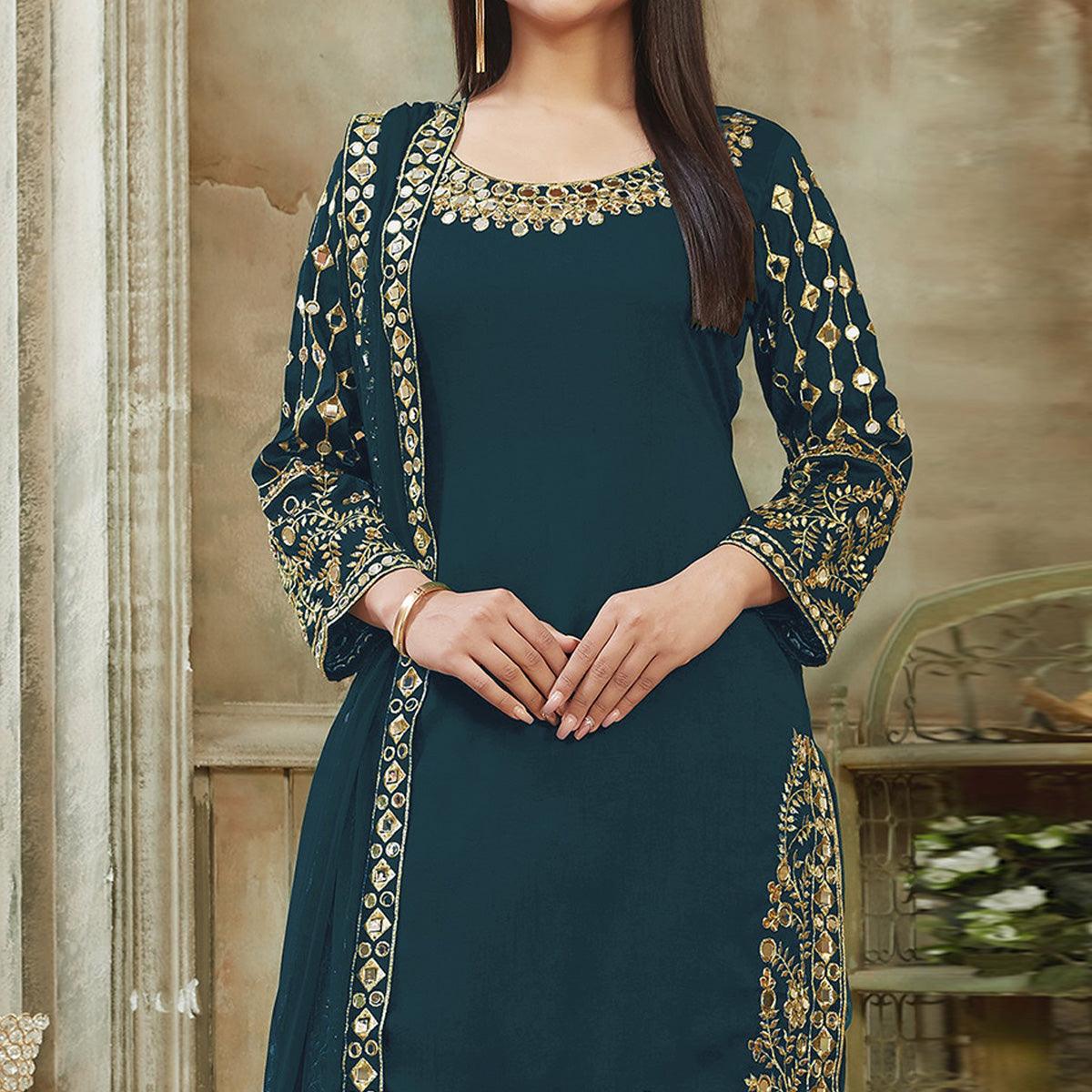 Sea Blue Embroidered Georgette Patiala Suit - Peachmode