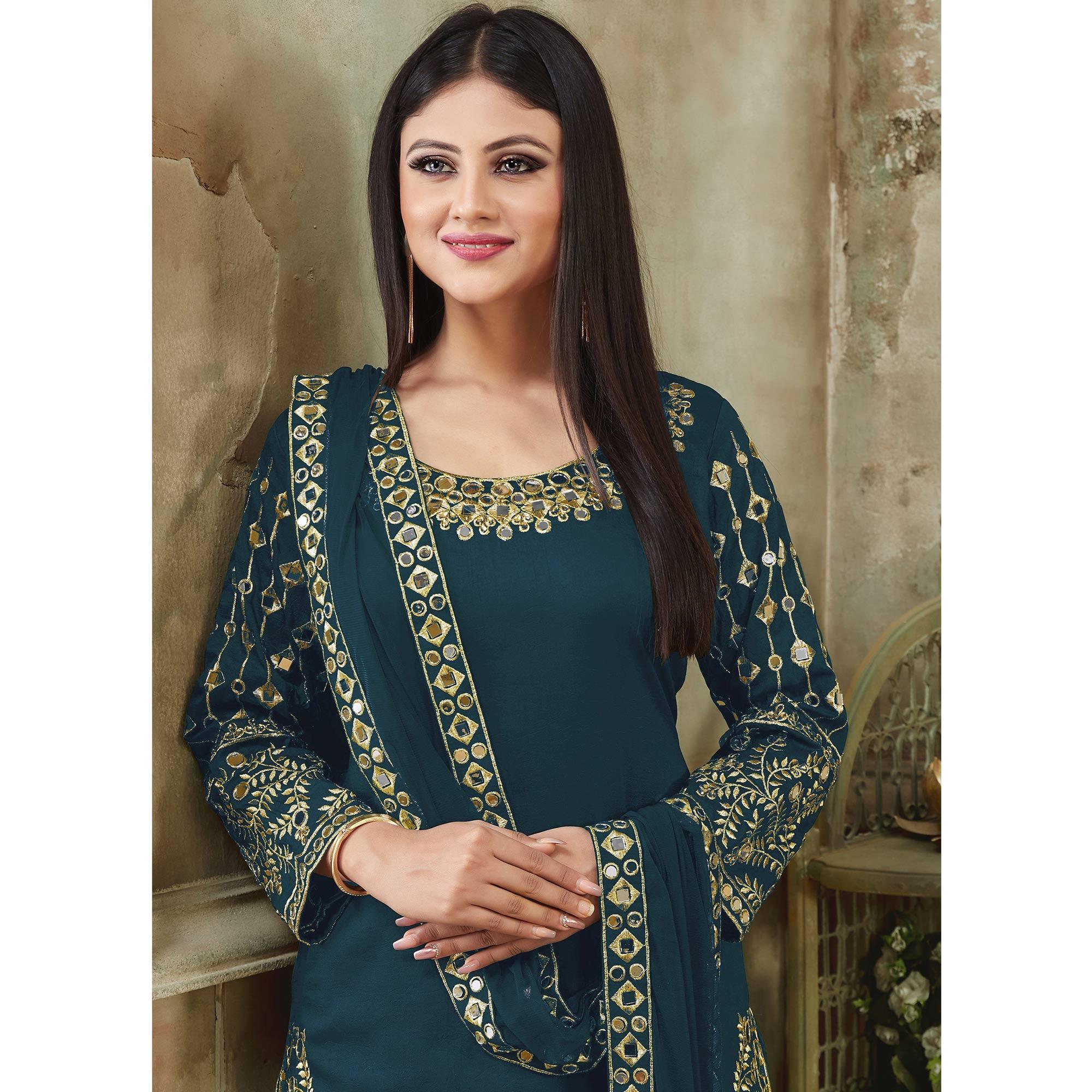 Sea Blue Embroidered Georgette Patiala Suit - Peachmode