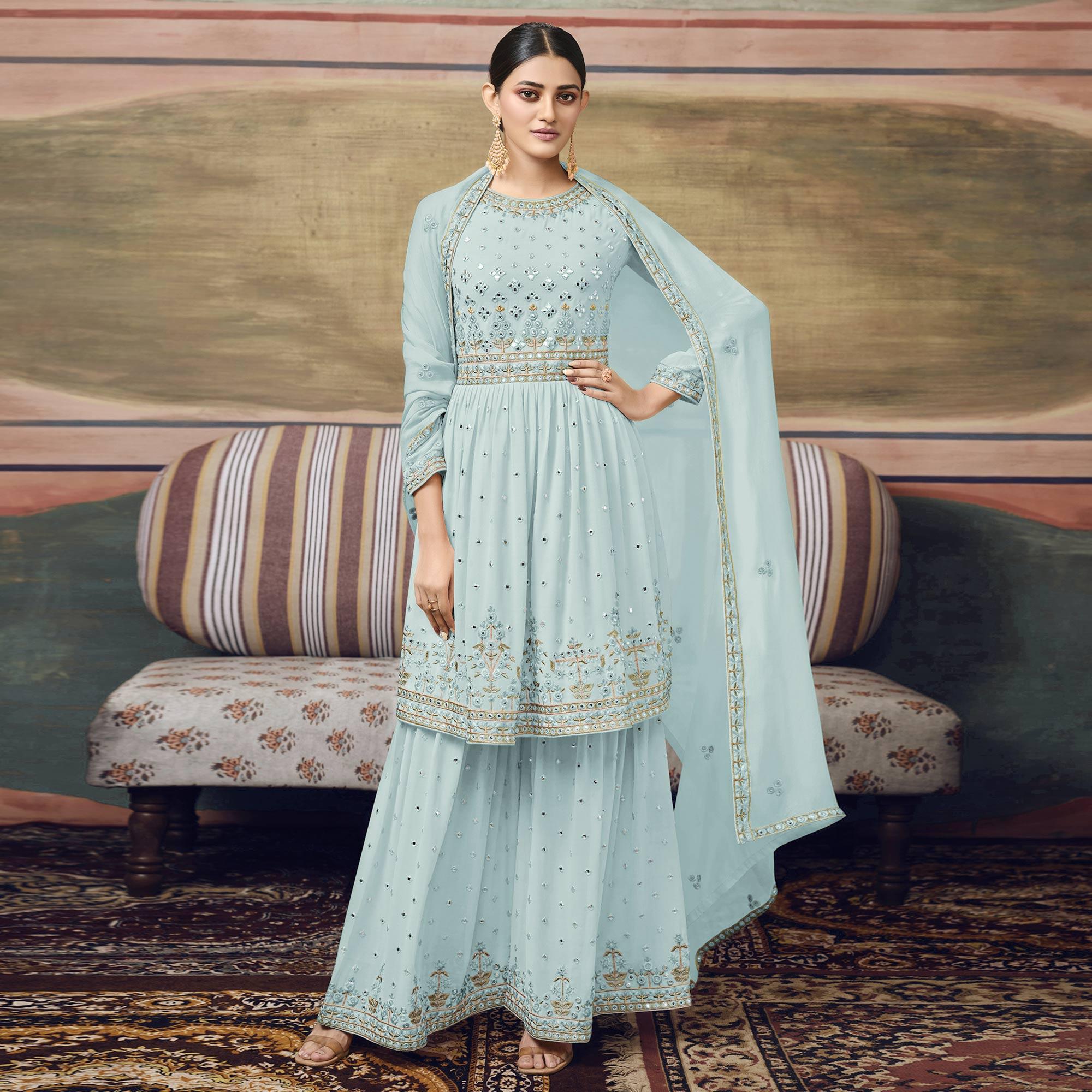 Sea Blue Embroidered Georgette Sharara Suit - Peachmode