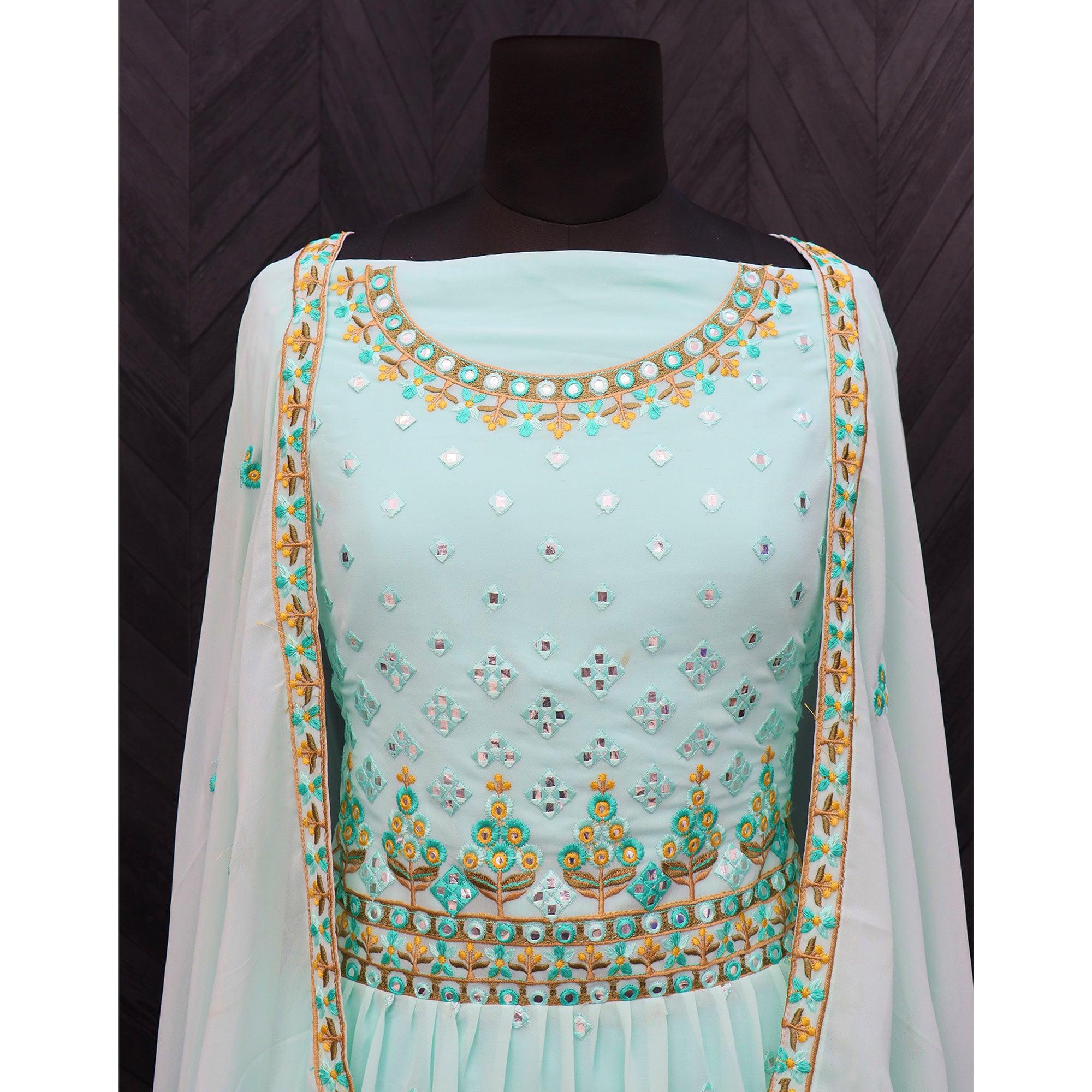 Sea Blue Embroidered Georgette Sharara Suit - Peachmode