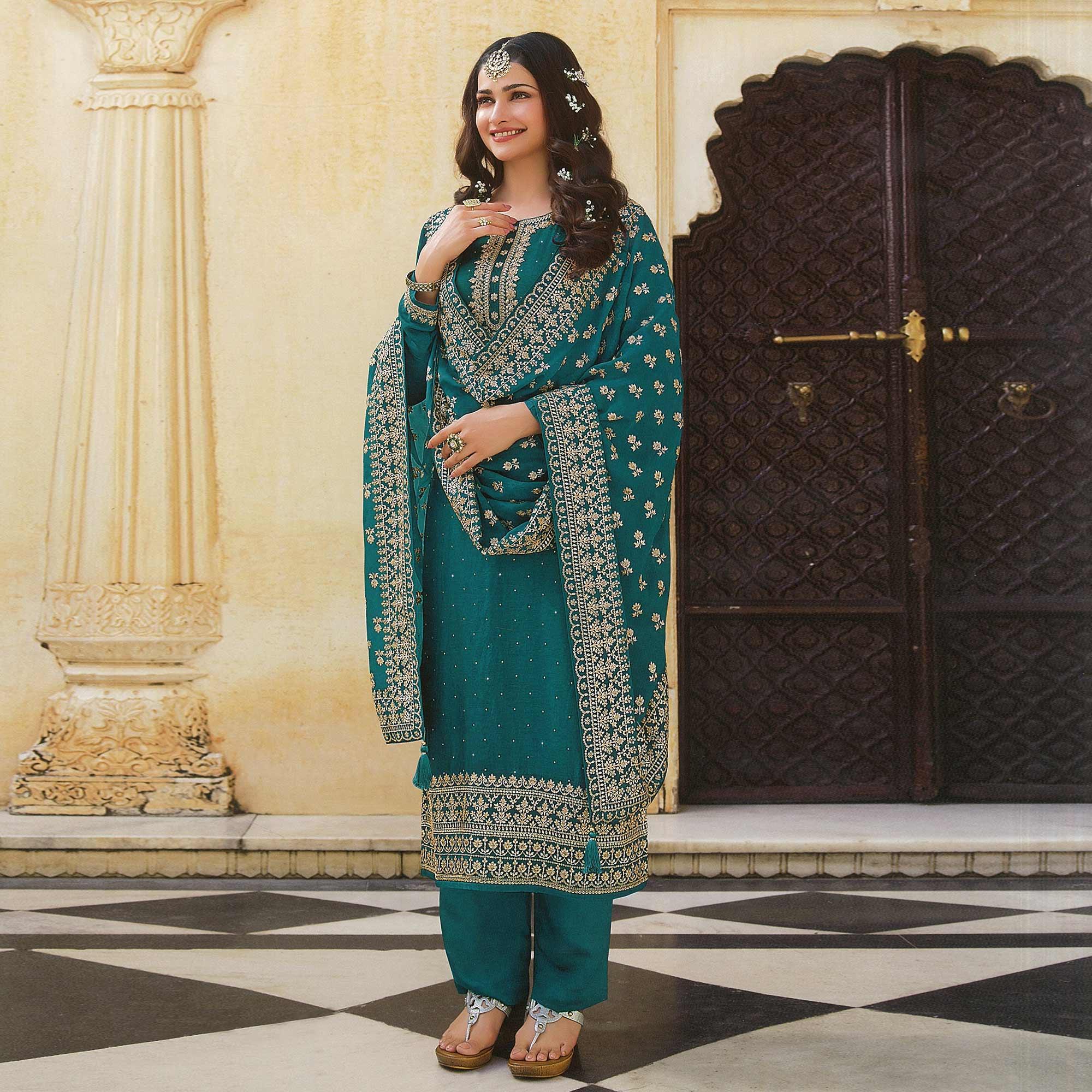 Sea Blue Embroidered With Swarovski Work Dola Silk Salwar Suit - Peachmode