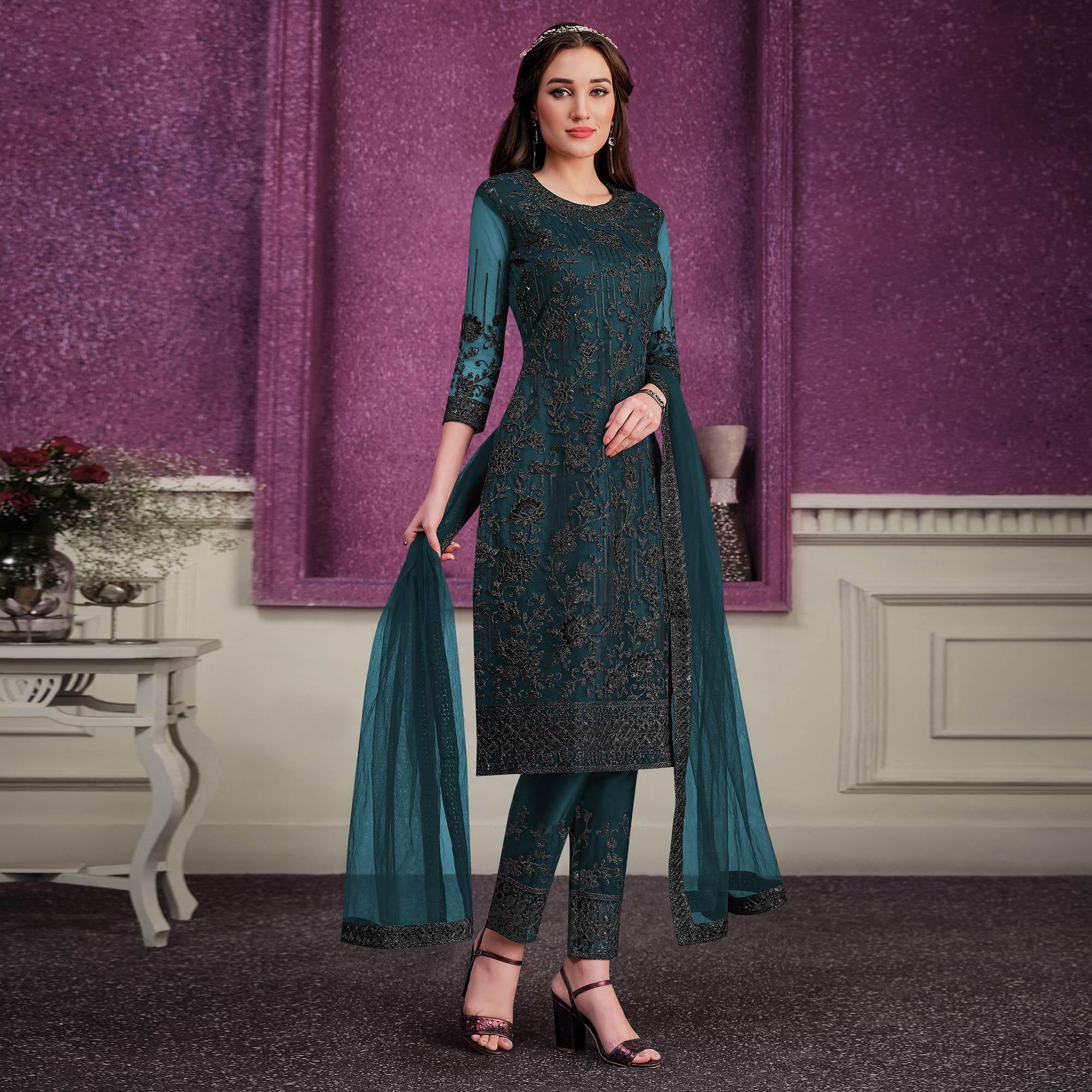 Sea Blue Floral Embroidered Soft Net Partywear Suit - Peachmode