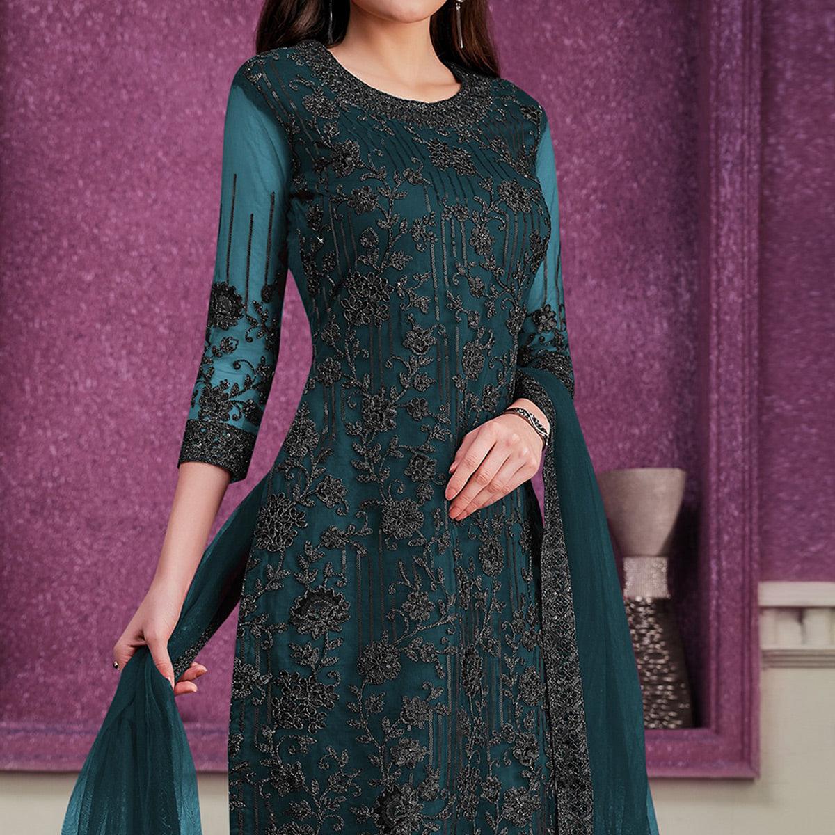 Sea Blue Floral Embroidered Soft Net Partywear Suit - Peachmode