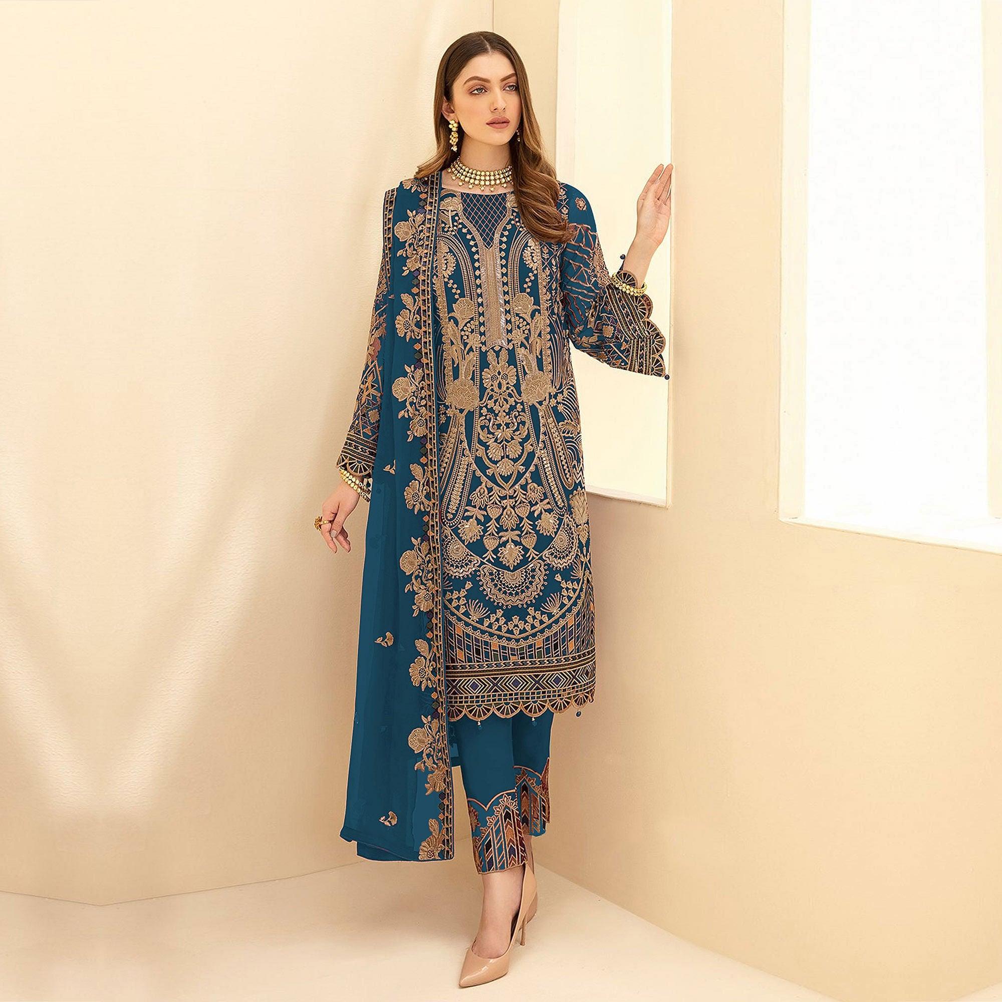 Sea Blue Party Wear Embroidered Georgette Pakistani Suit - Peachmode
