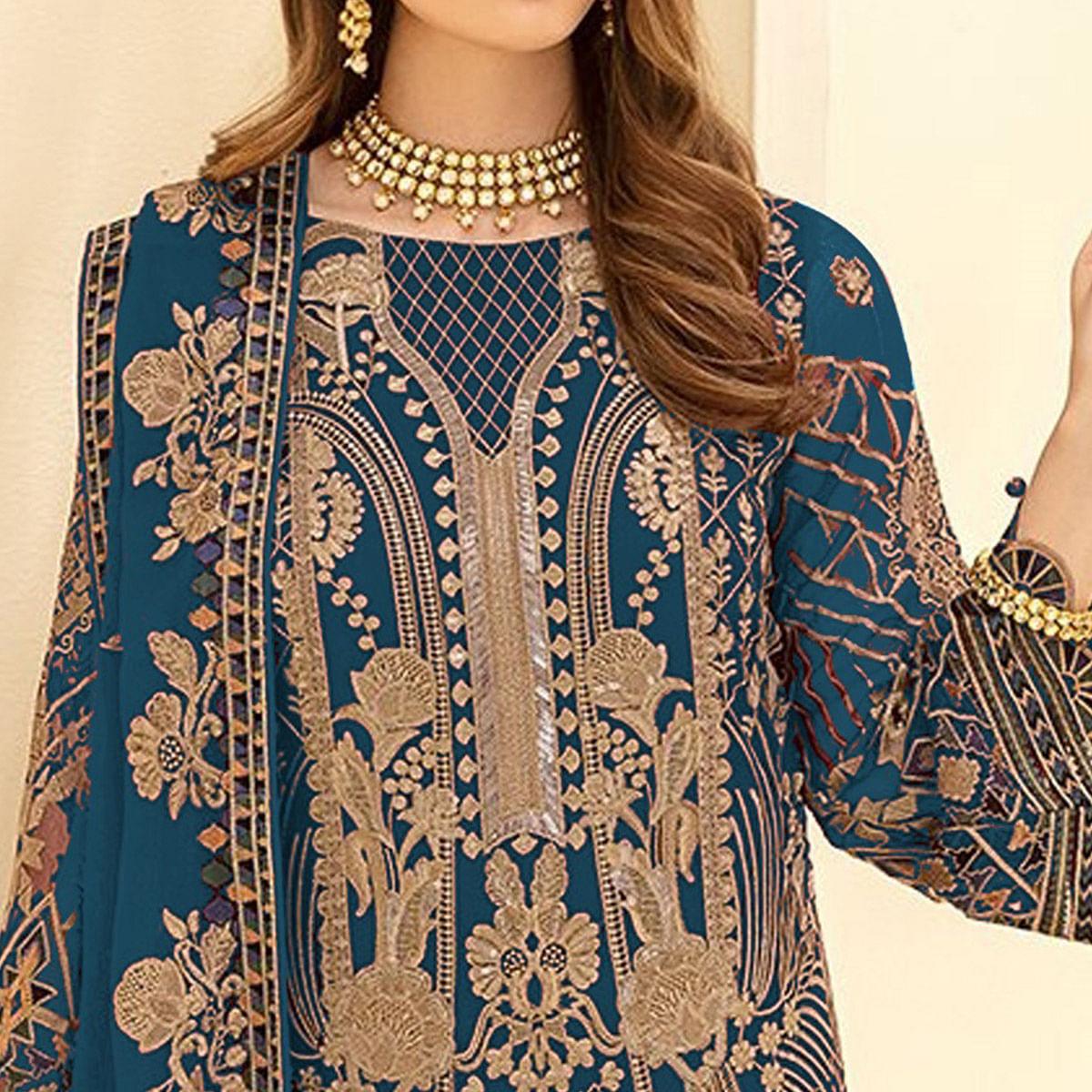 Sea Blue Party Wear Embroidered Georgette Pakistani Suit - Peachmode