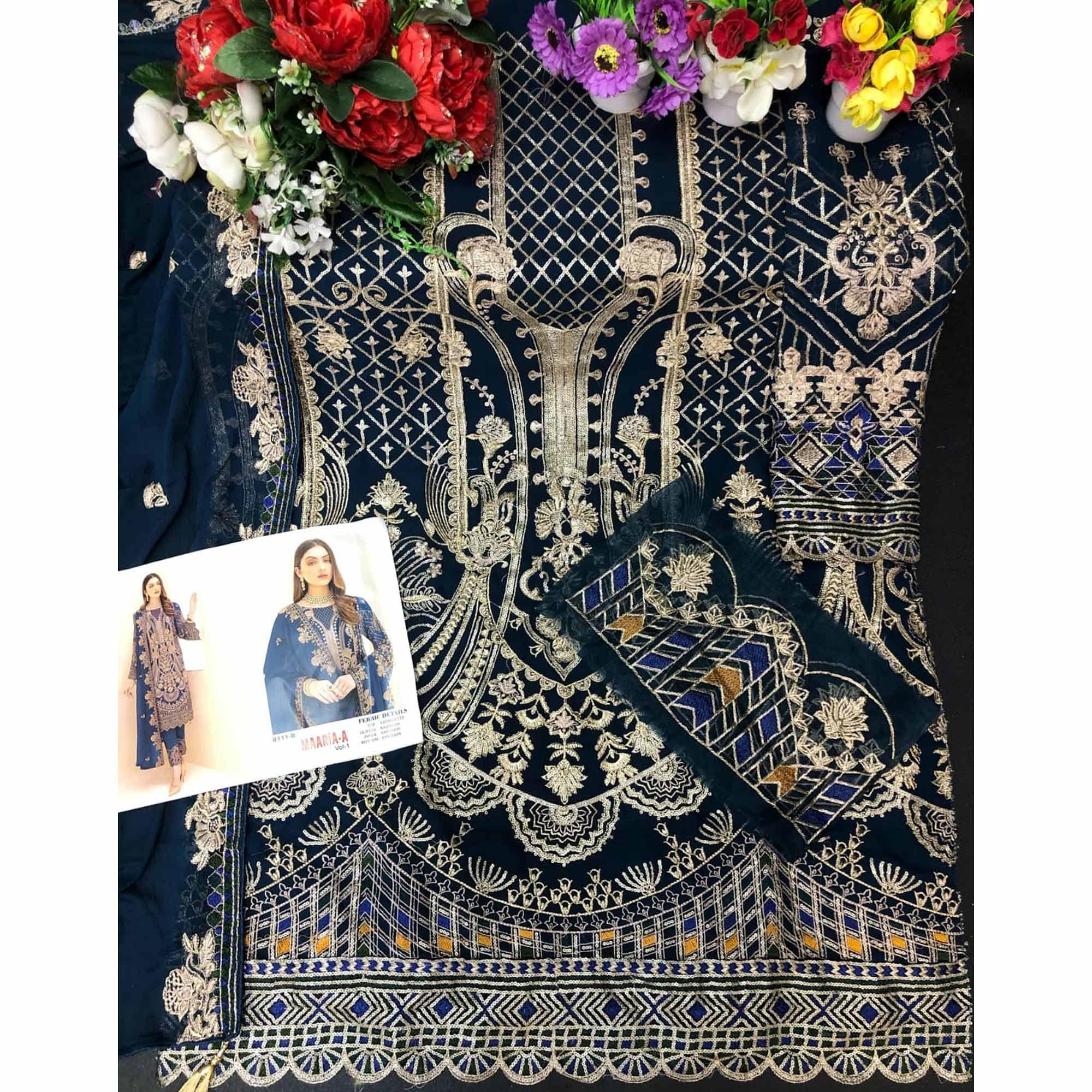 Sea Blue Party Wear Embroidered Georgette Pakistani Suit - Peachmode