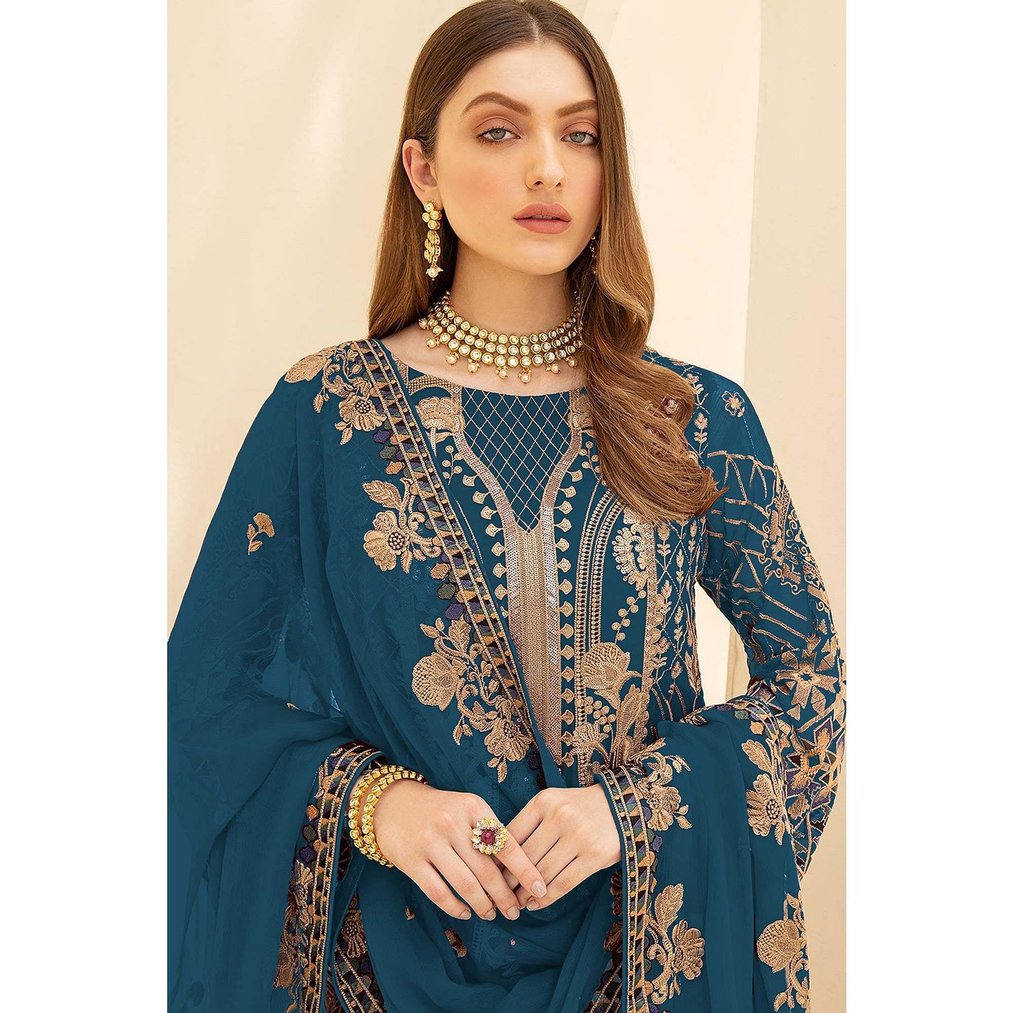 Sea Blue Party Wear Embroidered Georgette Pakistani Suit - Peachmode