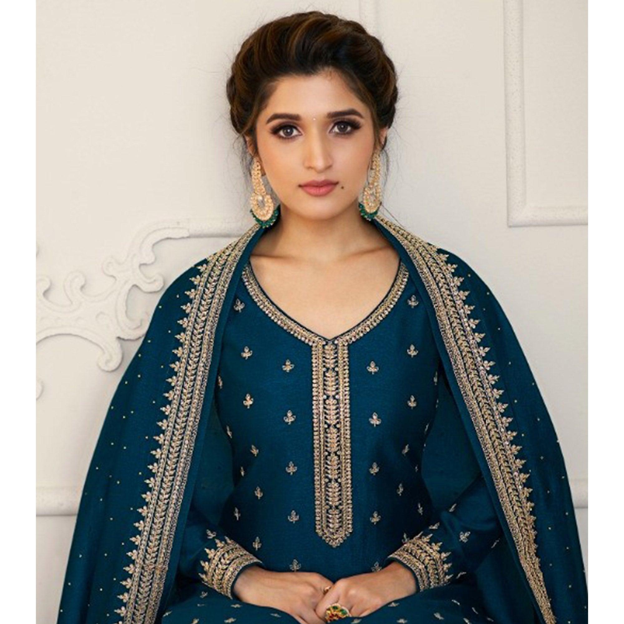 Sea Blue Party Wear Embroidered Silk Georgette Palazzo Suit - Peachmode