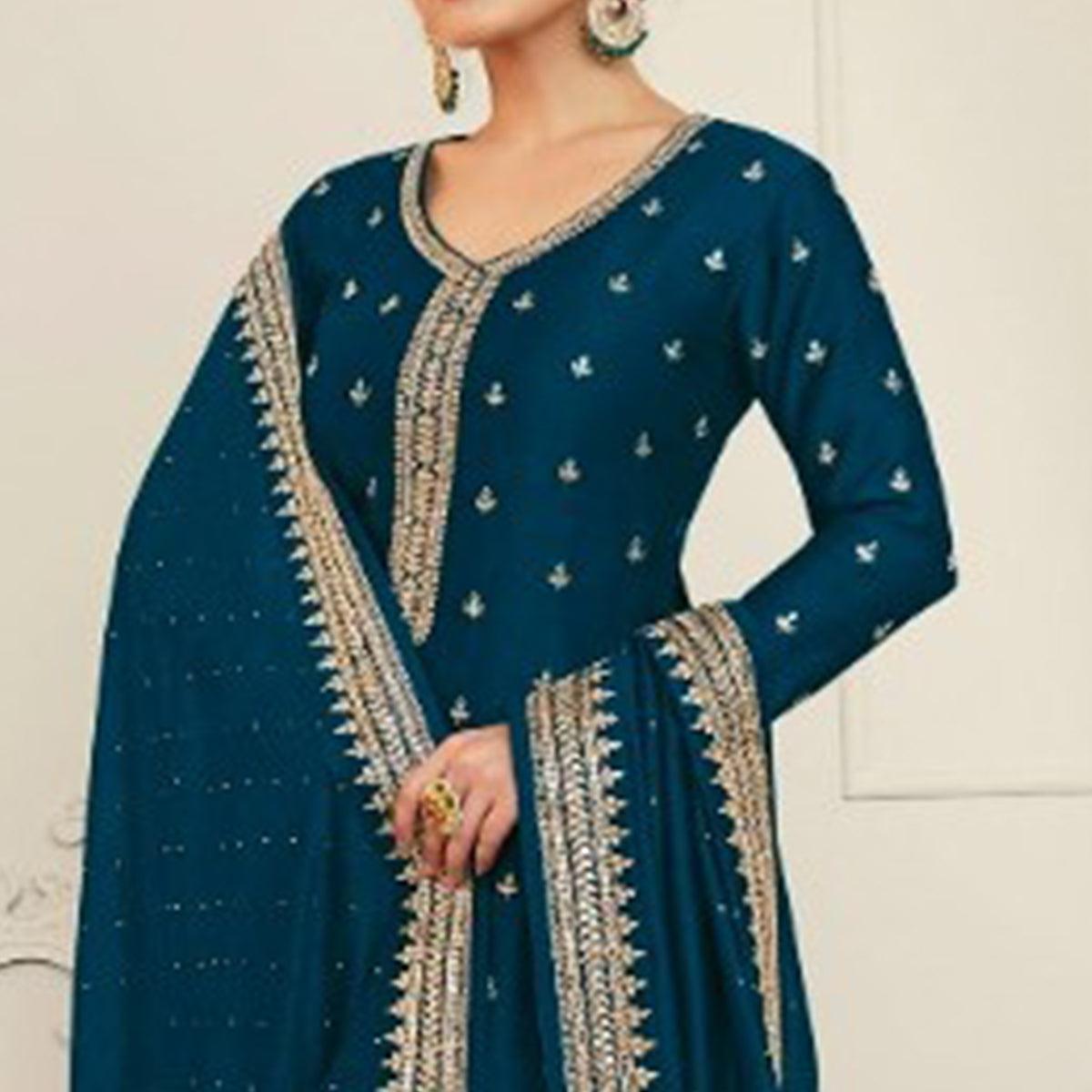 Sea Blue Party Wear Embroidered Silk Georgette Palazzo Suit - Peachmode