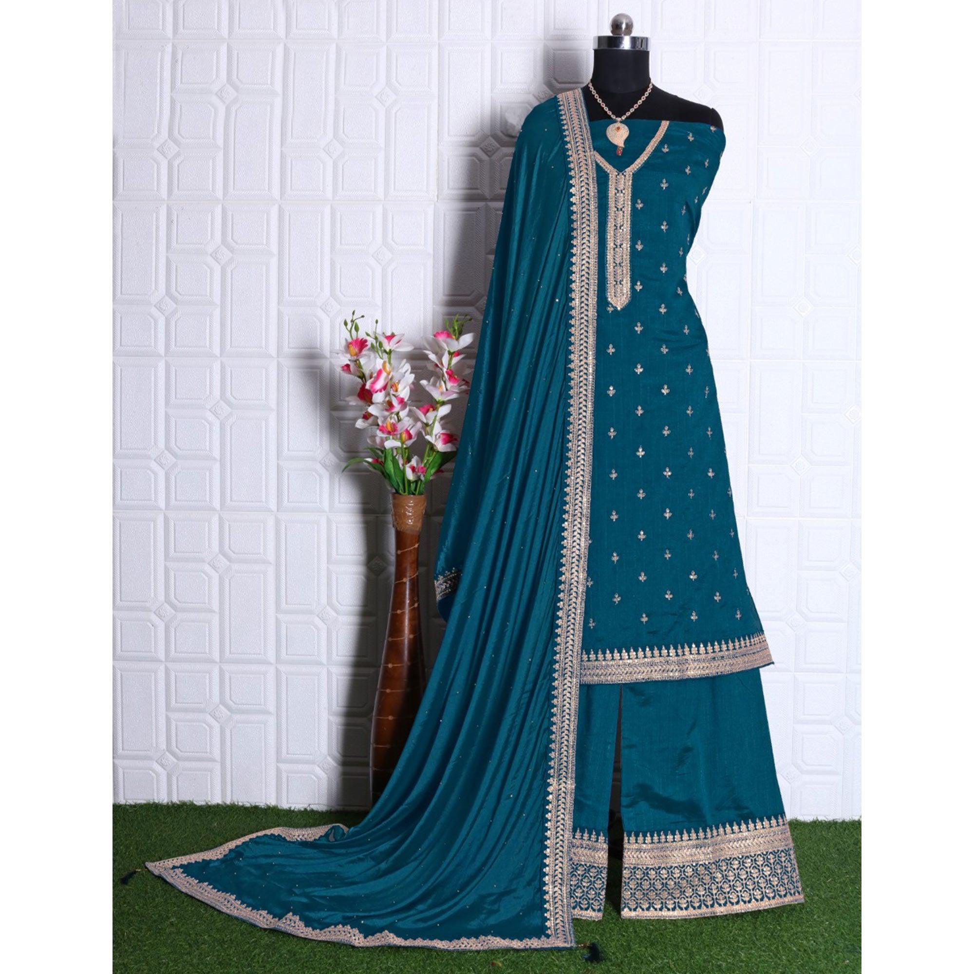 Sea Blue Party Wear Embroidered Silk Georgette Palazzo Suit - Peachmode