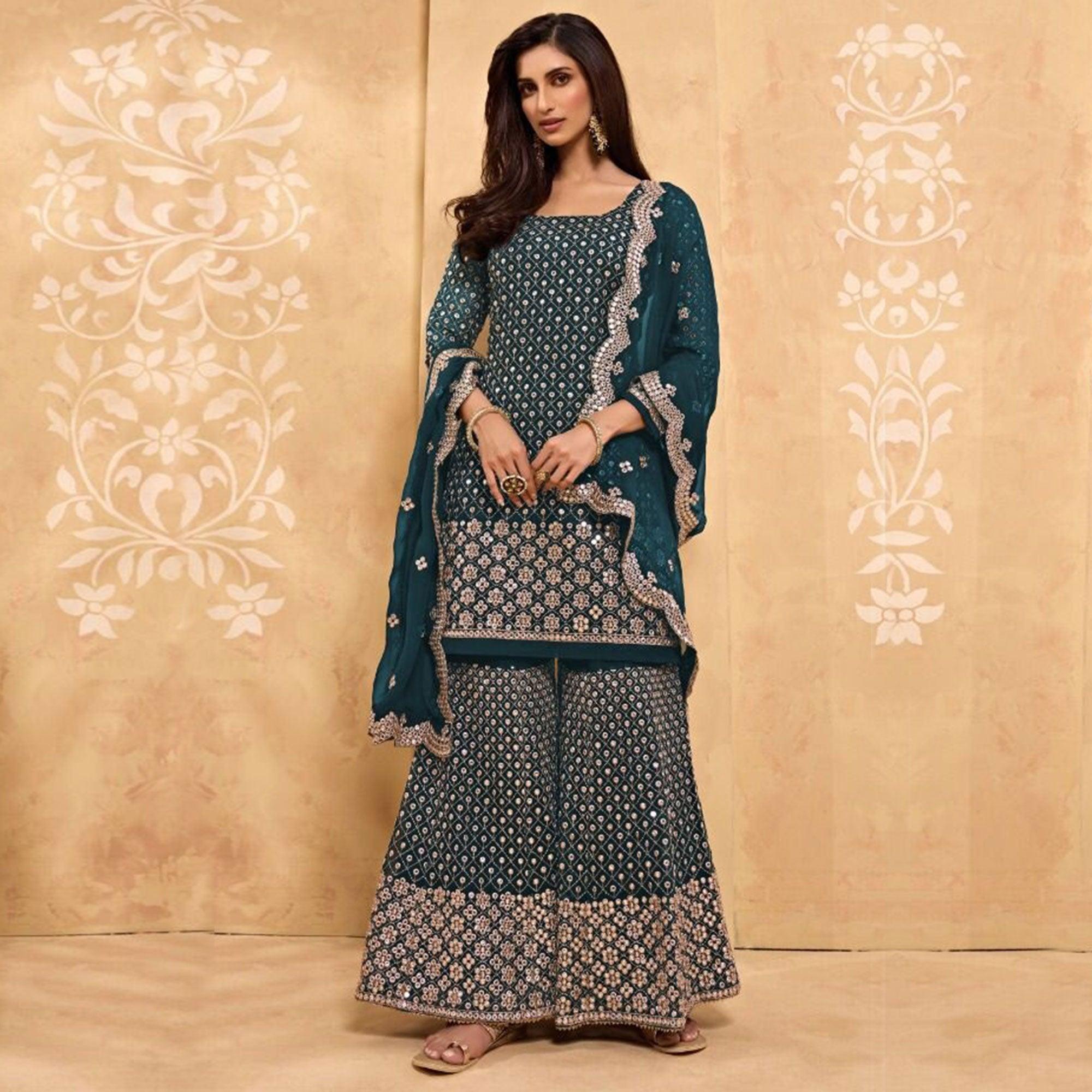 Sea Blue Partywear Embroidered Faux Georgette Palazzo Suit - Peachmode