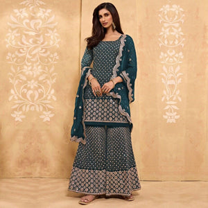 Sea Blue Partywear Embroidered Faux Georgette Palazzo Suit - Peachmode