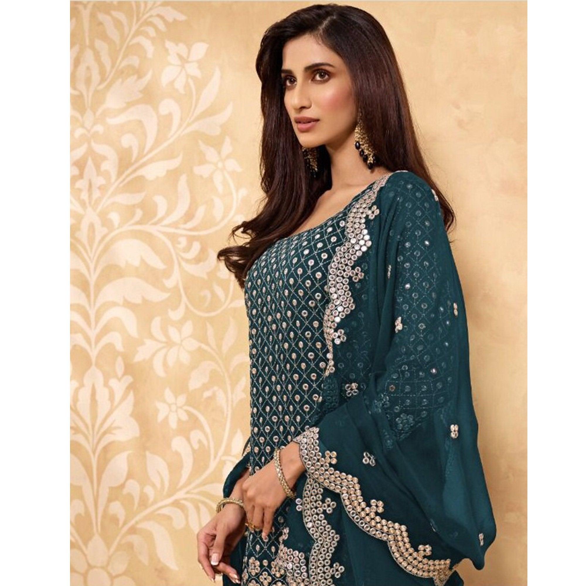 Sea Blue Partywear Embroidered Faux Georgette Palazzo Suit - Peachmode