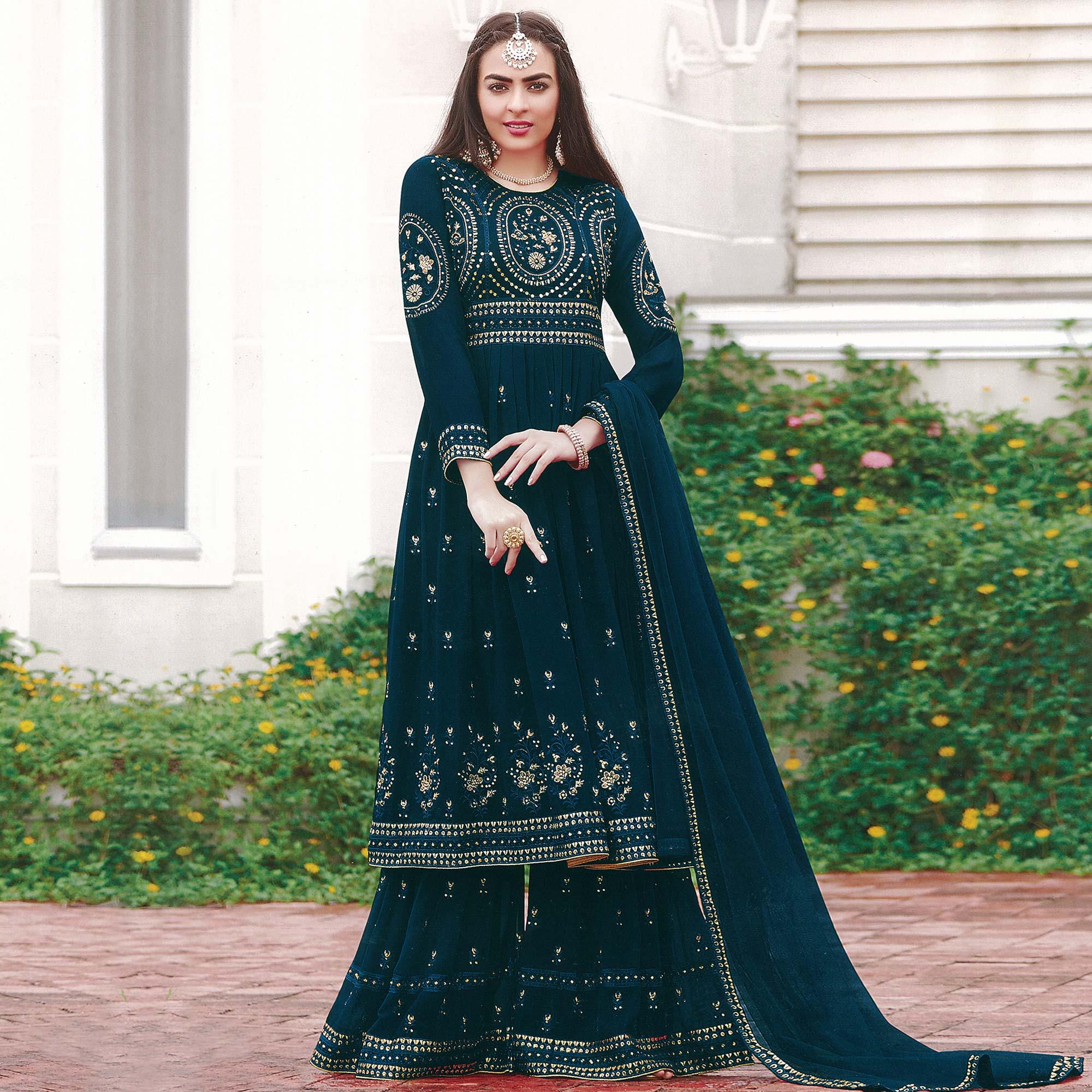 Sea Blue Partywear Embroidered Faux Georgette Salwar Suit - Peachmode