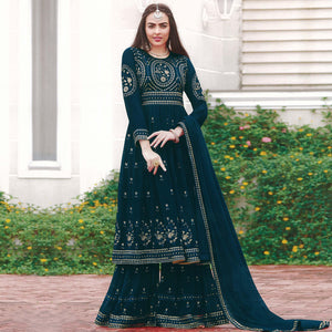 Sea Blue Partywear Embroidered Faux Georgette Salwar Suit - Peachmode