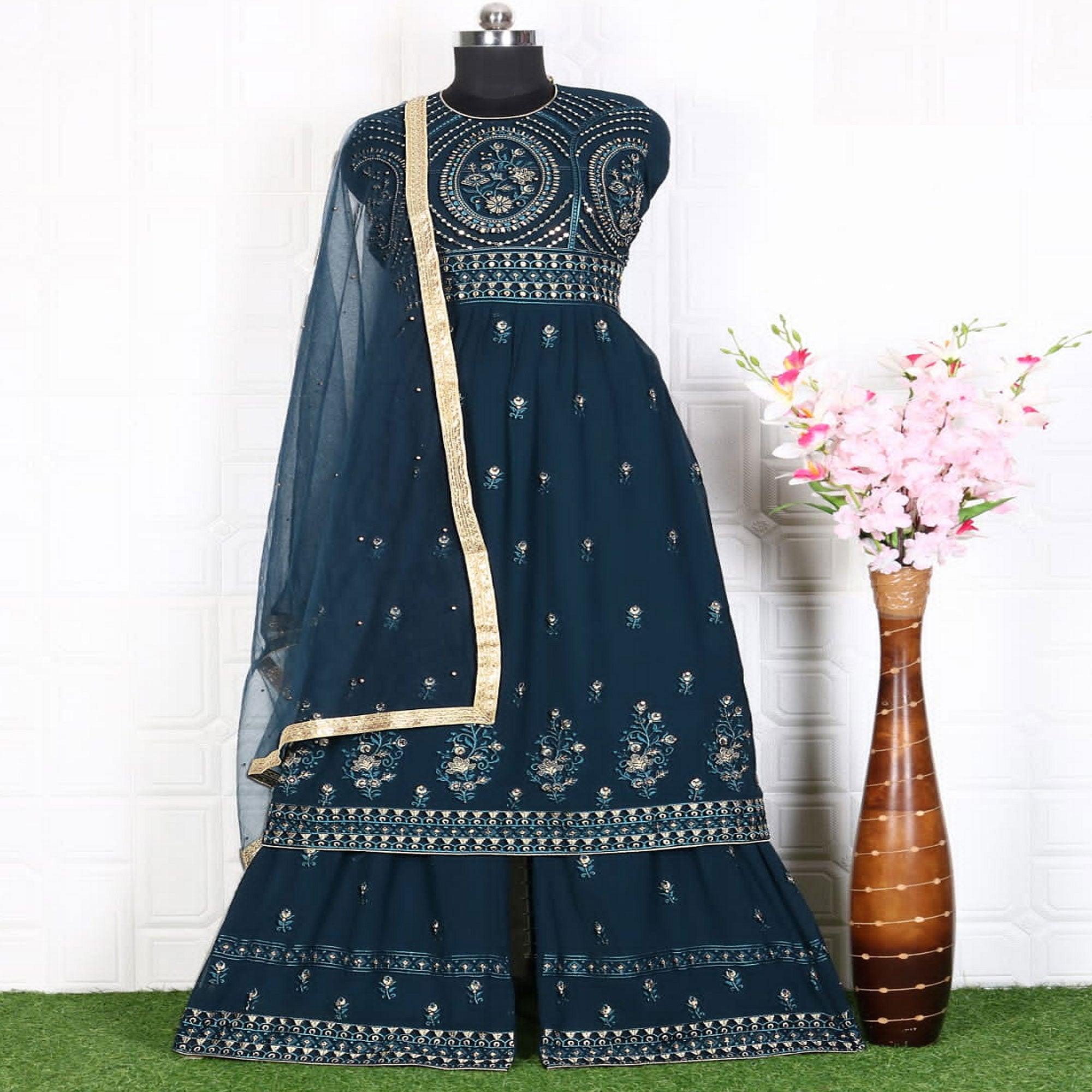 Sea Blue Partywear Embroidered Faux Georgette Salwar Suit - Peachmode