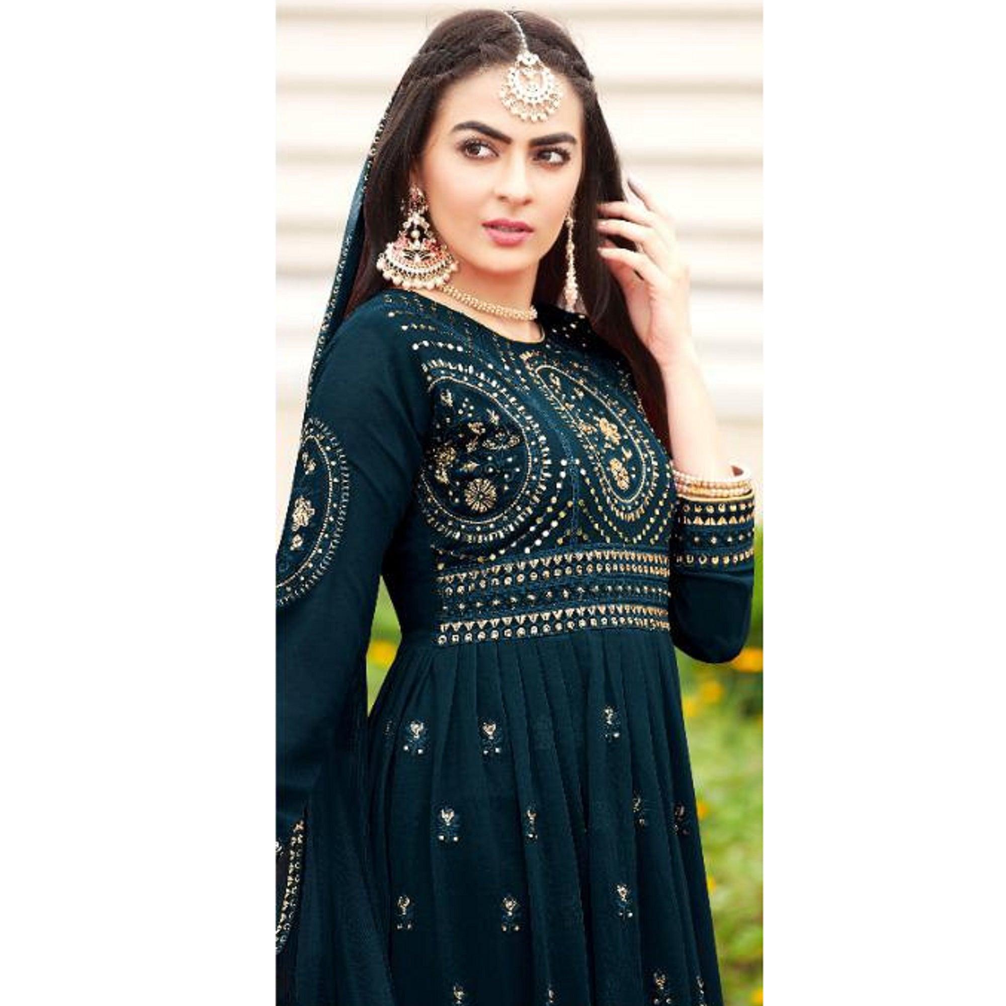 Sea Blue Partywear Embroidered Faux Georgette Salwar Suit - Peachmode