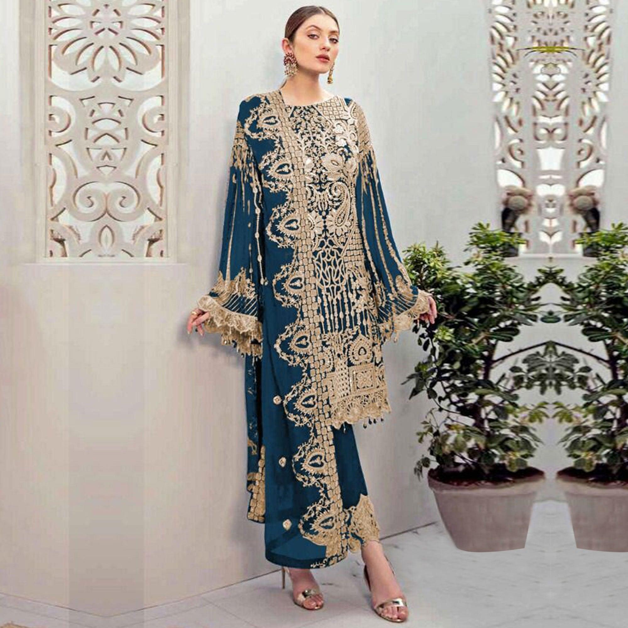 Sea Blue Partywear Embroidered Georgette Pakistani Suit - Peachmode