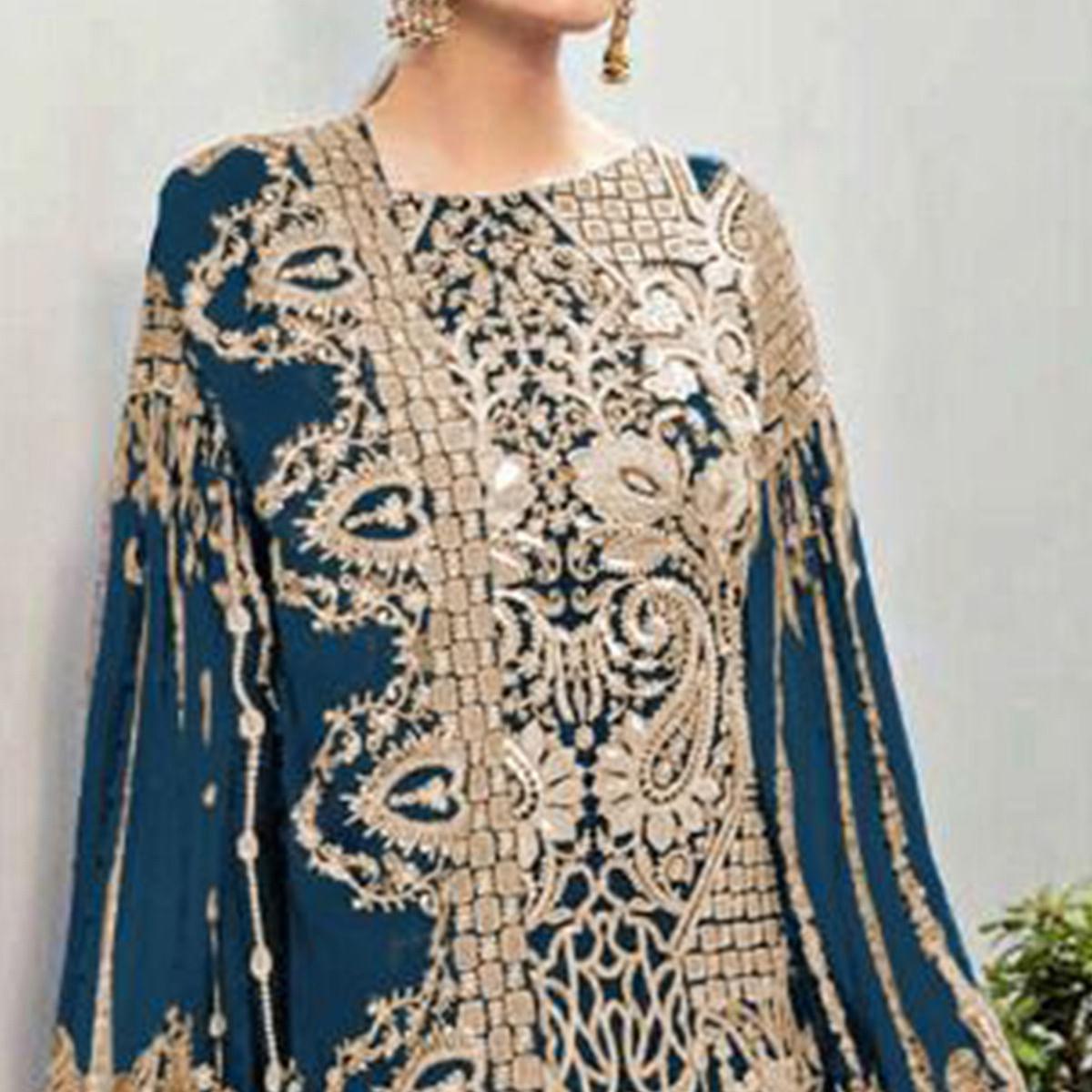 Sea Blue Partywear Embroidered Georgette Pakistani Suit - Peachmode