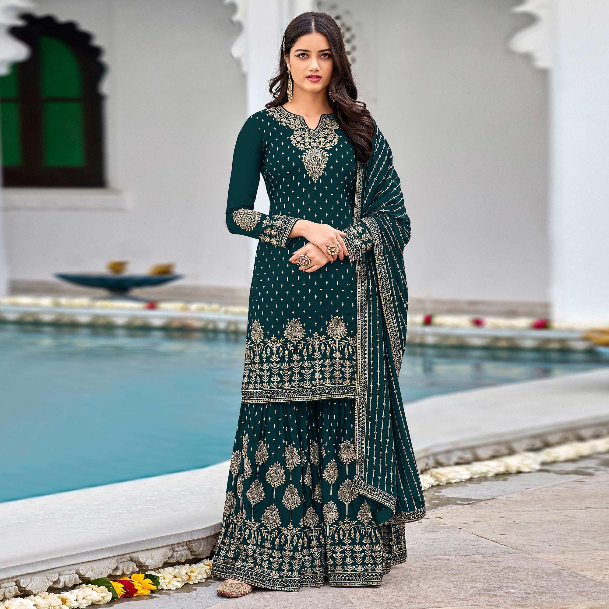 Sea Blue Partywear Sequence & Embroidered Faux Georgette Salwar Suit - Peachmode