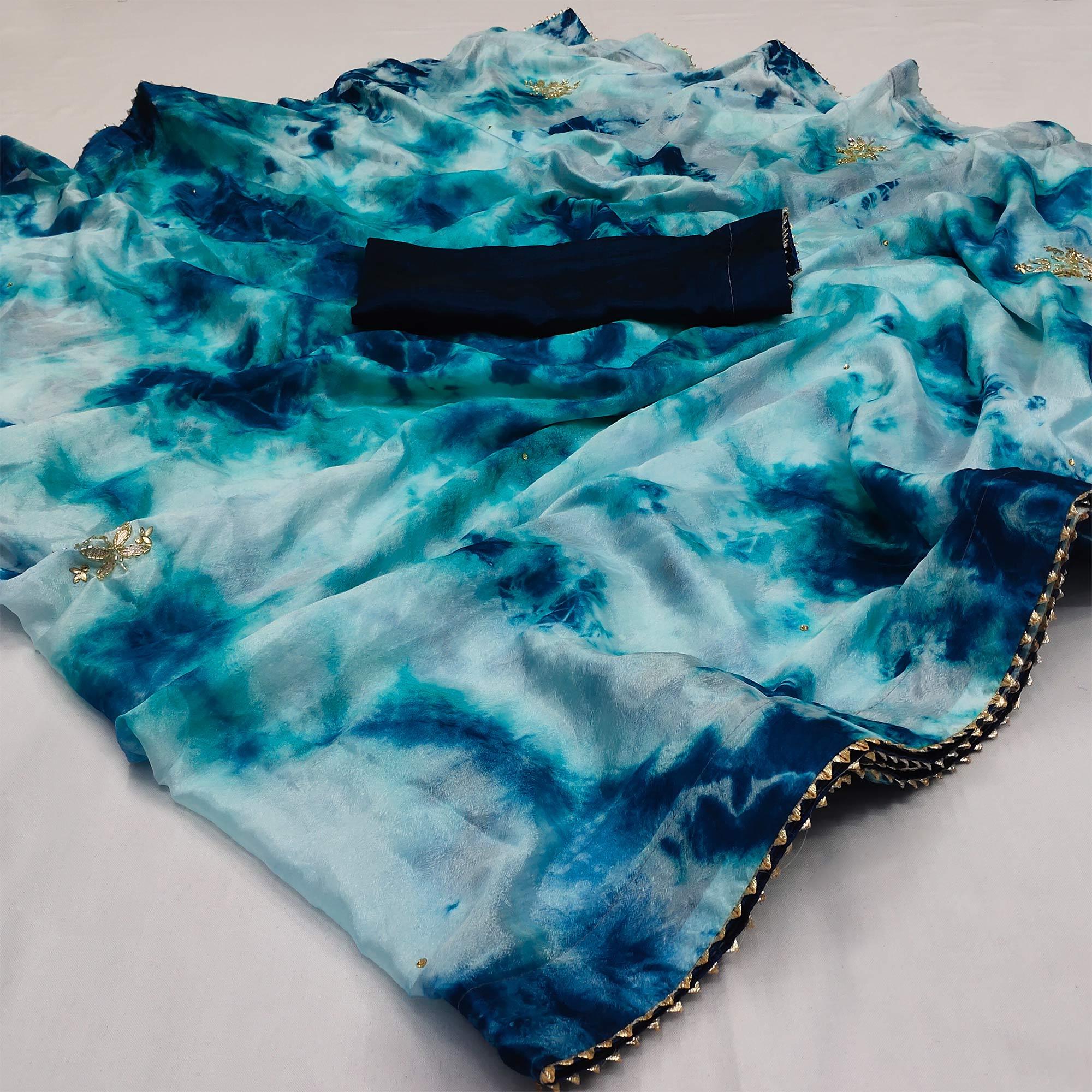 Sea Blue Printed Chiffon Saree - Peachmode