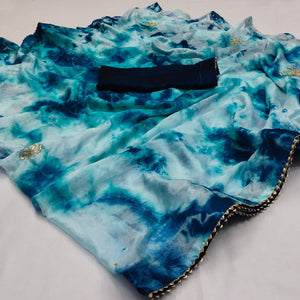 Sea Blue Printed Chiffon Saree - Peachmode