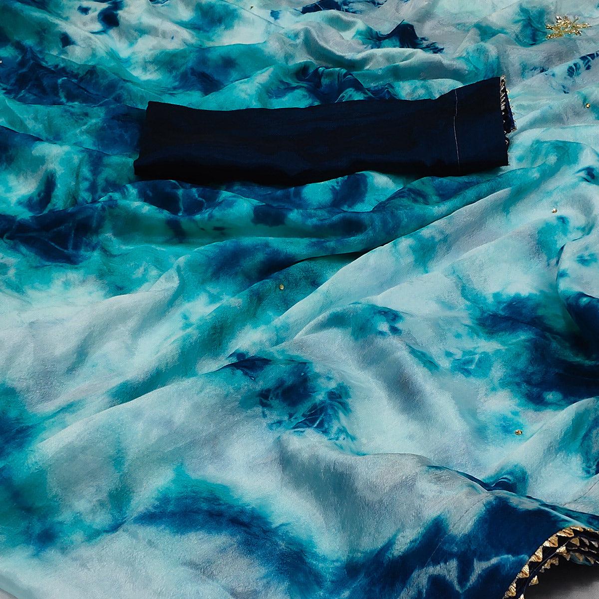 Sea Blue Printed Chiffon Saree - Peachmode