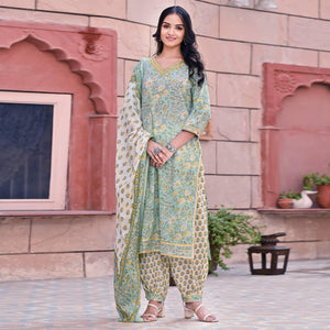 Sea Blue Printed Pure Cotton Kurti Pant Set With Dupatta - Peachmode