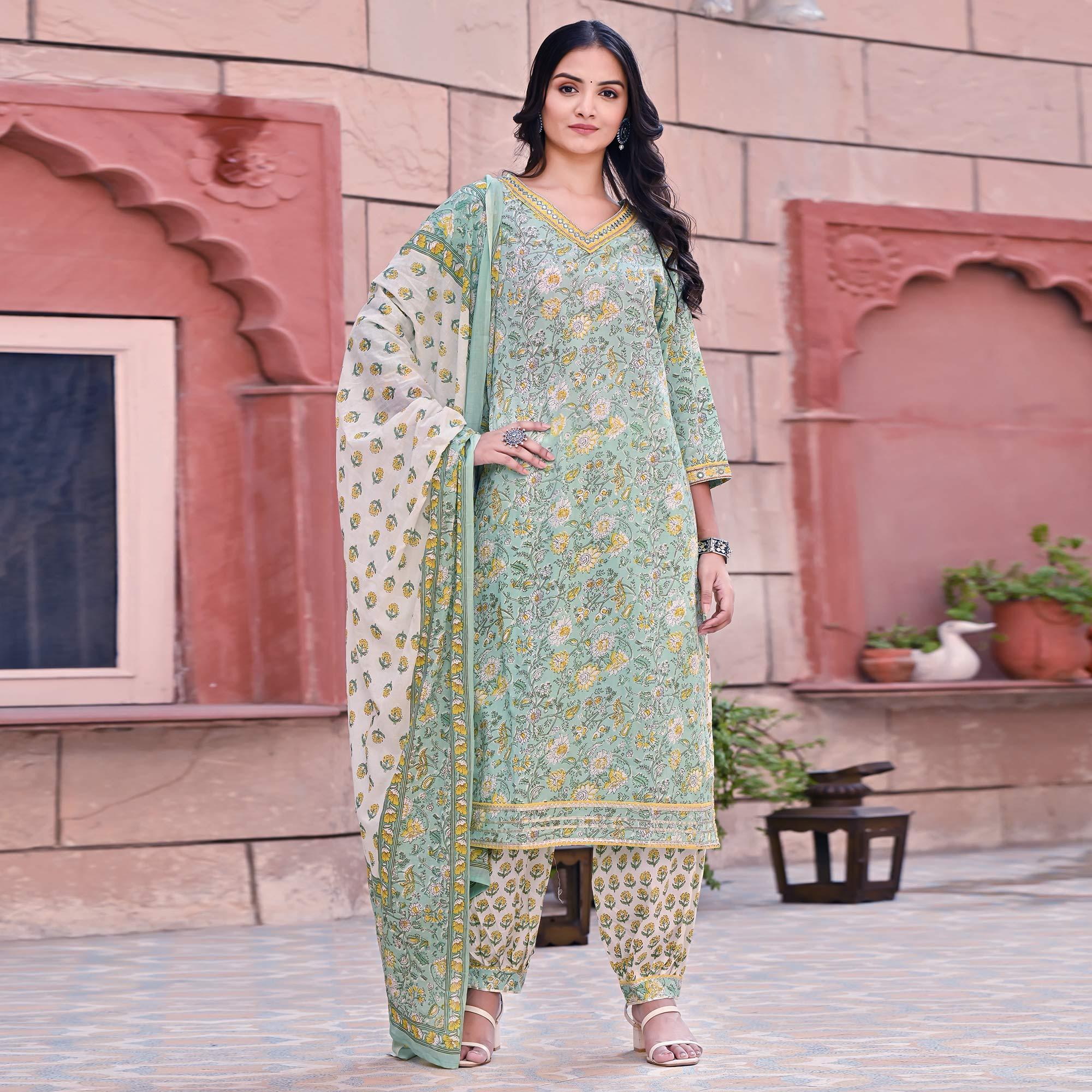 Sea Blue Printed Pure Cotton Kurti Pant Set With Dupatta - Peachmode