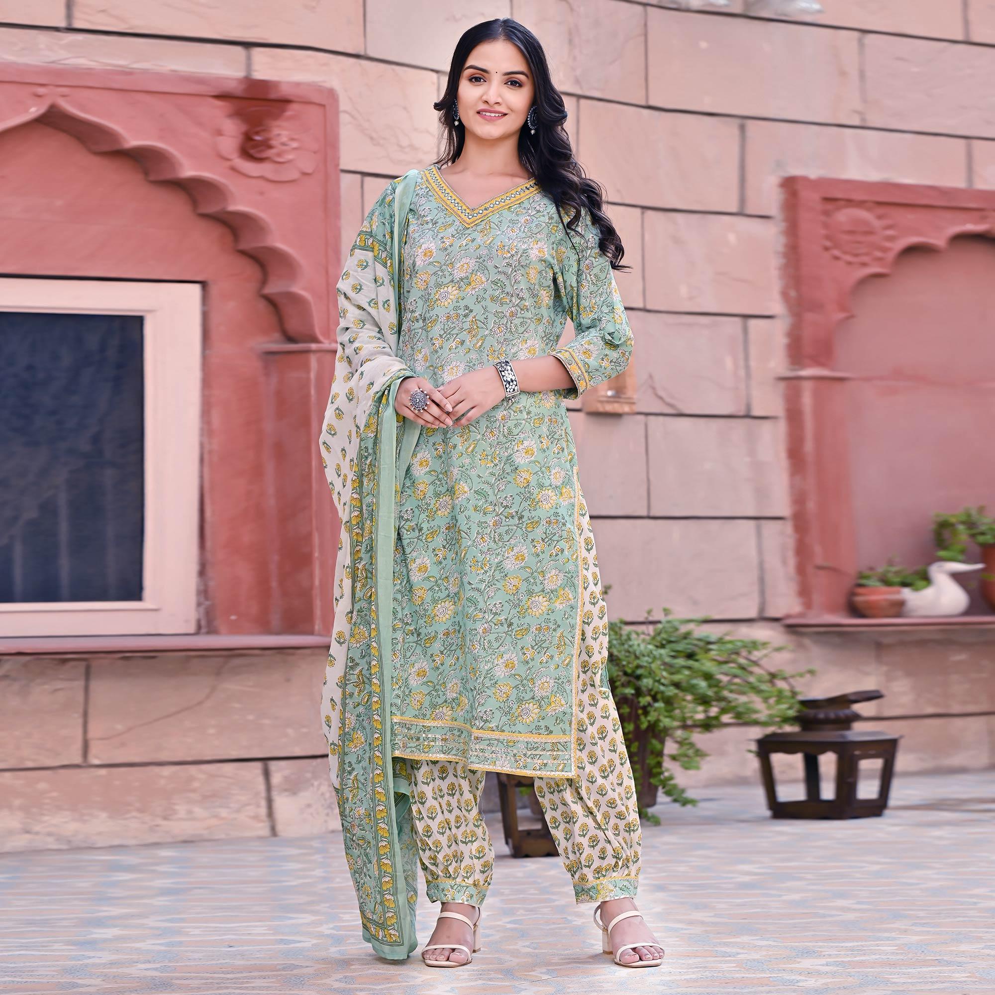 Sea Blue Printed Pure Cotton Kurti Pant Set With Dupatta - Peachmode