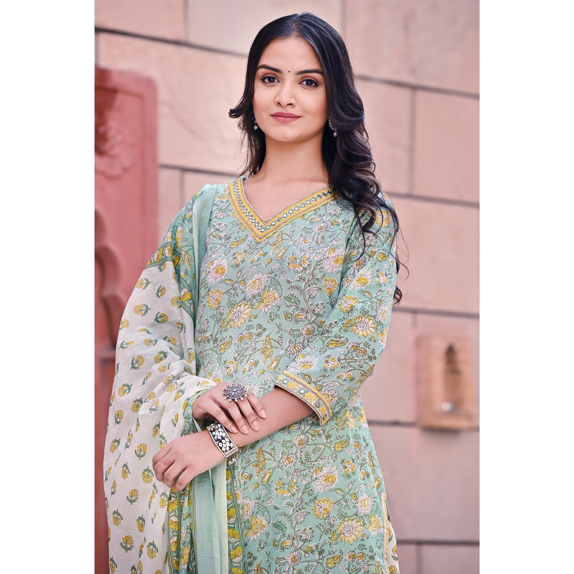Sea Blue Printed Pure Cotton Kurti Pant Set With Dupatta - Peachmode