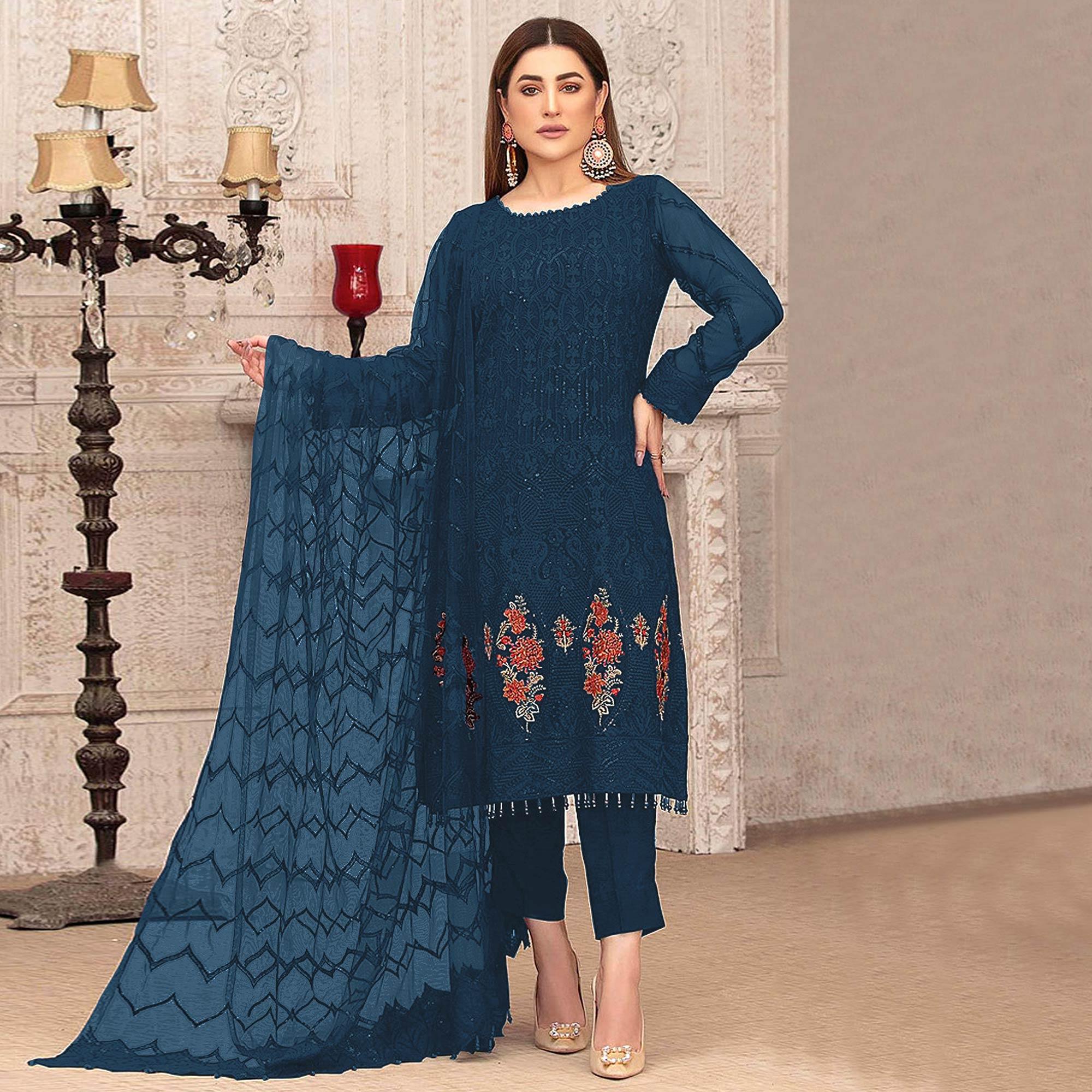 Sea Blue Sequence With Floral Embroidered Georgette Pakistani Suit - Peachmode