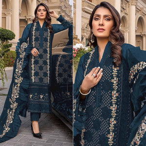 Sea Blue Sequence With Floral Embroidered Georgette Pakistani Suit - Peachmode