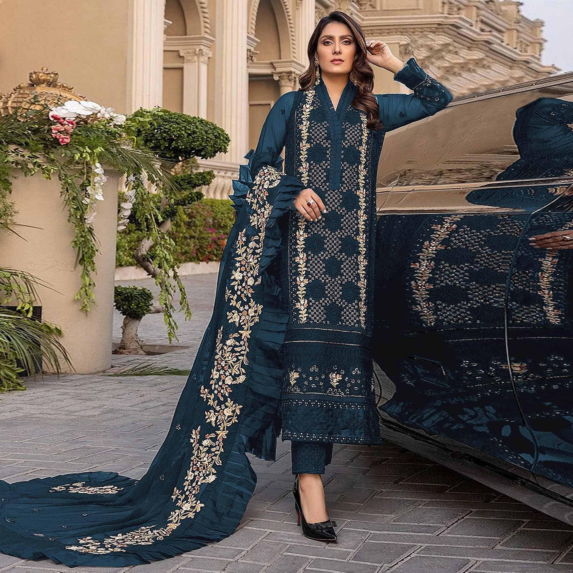 Sea Blue Sequence With Floral Embroidered Georgette Pakistani Suit - Peachmode