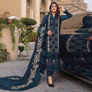 Sea Blue Sequence With Floral Embroidered Georgette Pakistani Suit - Peachmode