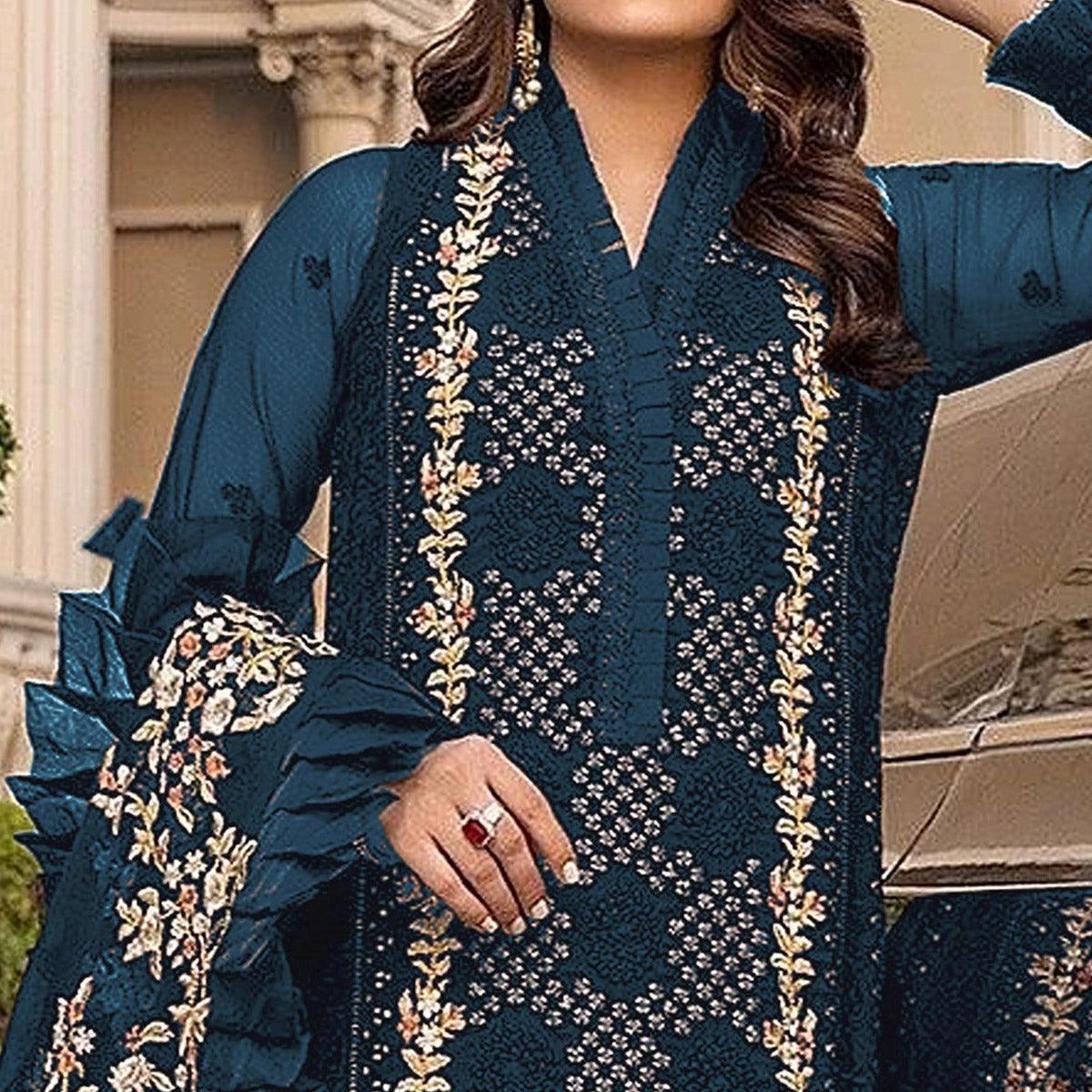 Sea Blue Sequence With Floral Embroidered Georgette Pakistani Suit - Peachmode