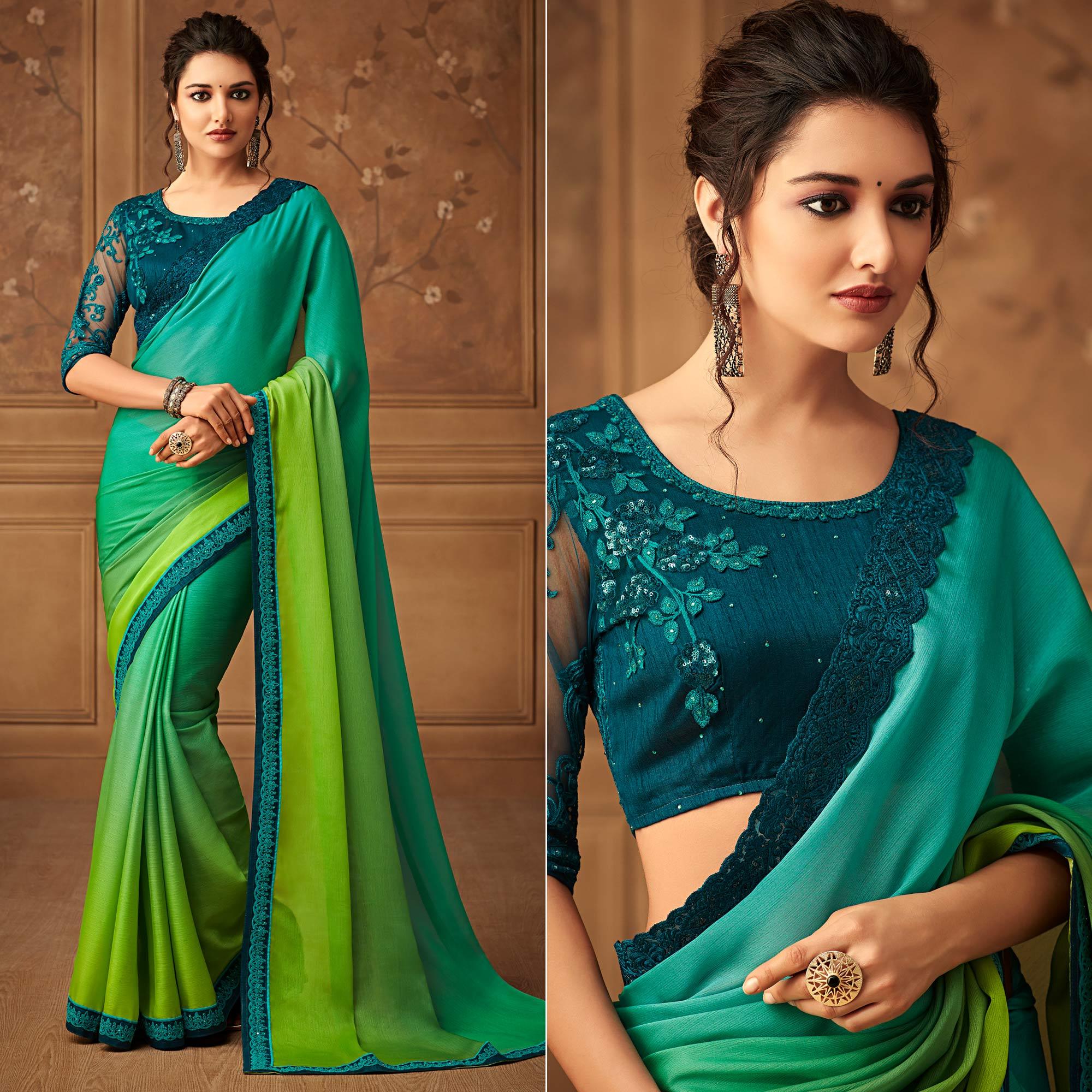 Sea Green & Mint Green Floral Sequence Embroidered Chiffon Saree - Peachmode