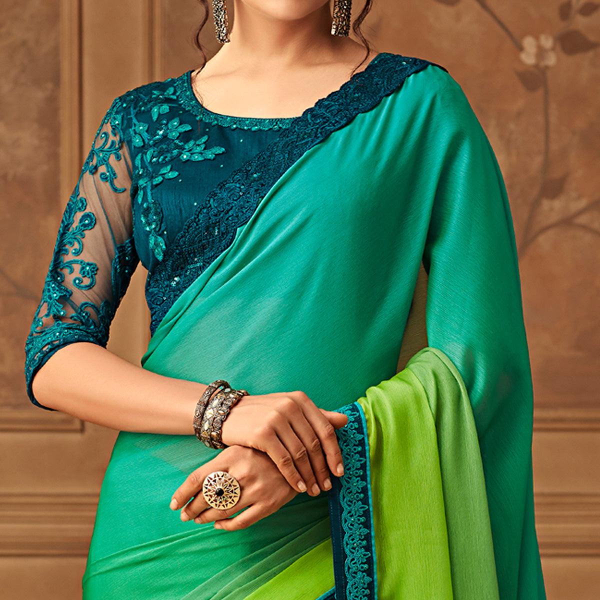 Sea Green & Mint Green Floral Sequence Embroidered Chiffon Saree - Peachmode