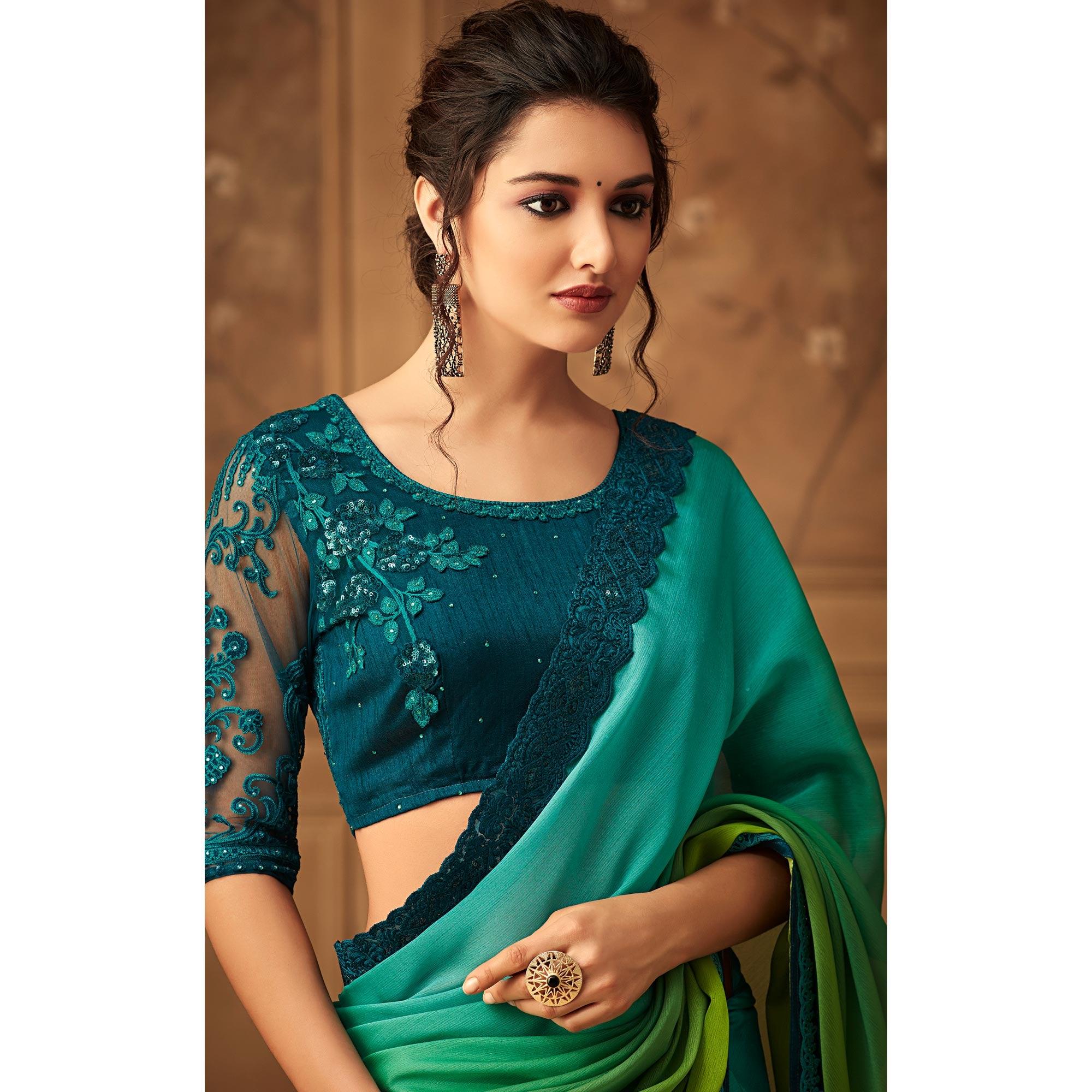 Sea Green & Mint Green Floral Sequence Embroidered Chiffon Saree - Peachmode