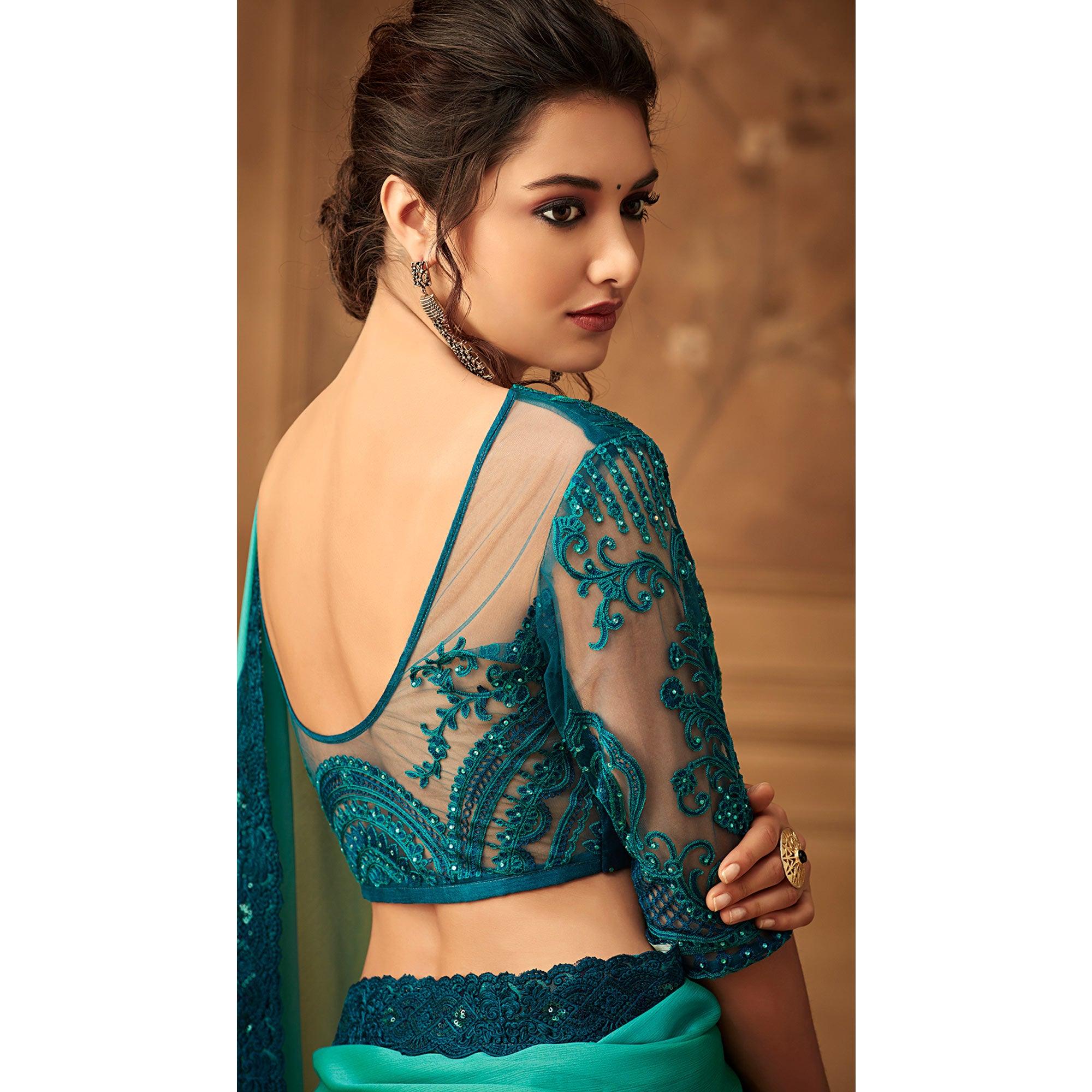 Sea Green & Mint Green Floral Sequence Embroidered Chiffon Saree - Peachmode