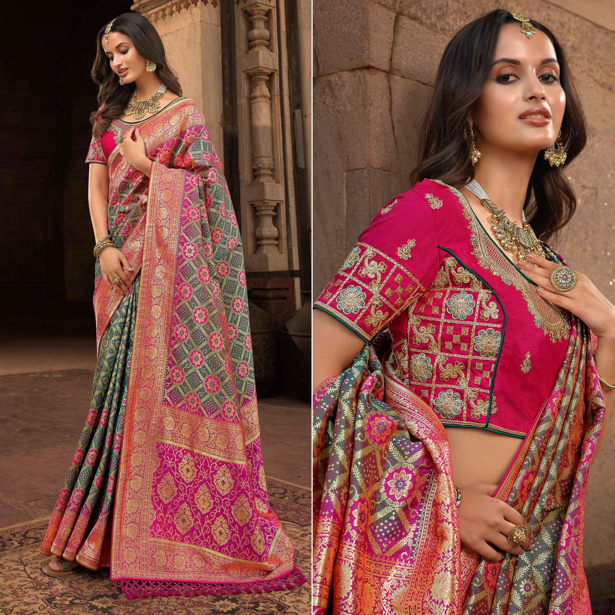 Sea Green & Rose Pink Woven Banarasi Silk Saree With Tassels - Peachmode