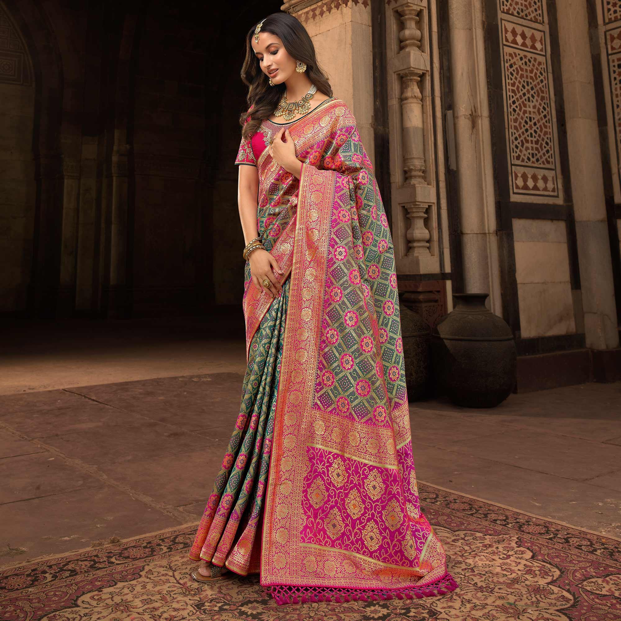 Sea Green & Rose Pink Woven Banarasi Silk Saree With Tassels - Peachmode