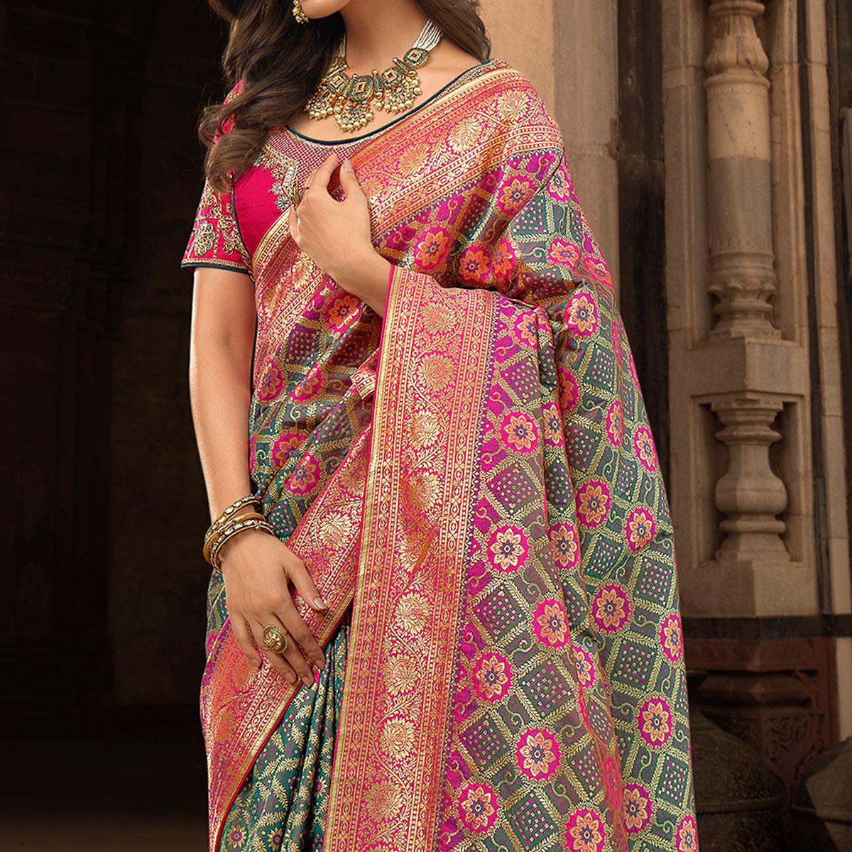 Sea Green & Rose Pink Woven Banarasi Silk Saree With Tassels - Peachmode