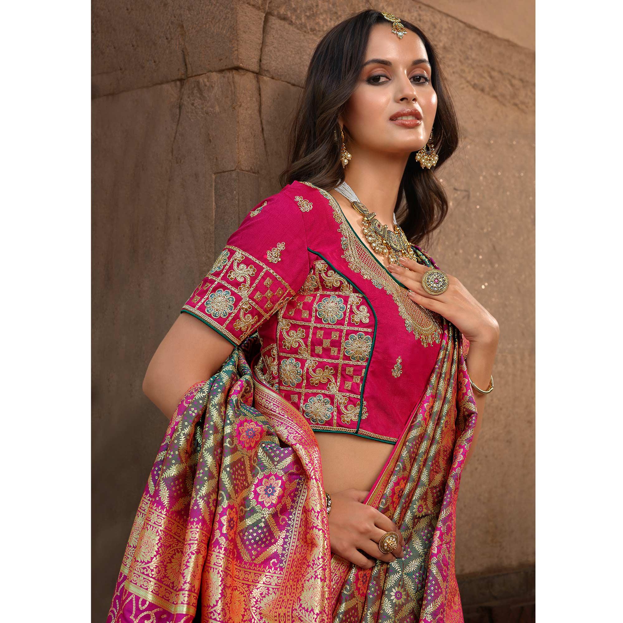 Sea Green & Rose Pink Woven Banarasi Silk Saree With Tassels - Peachmode