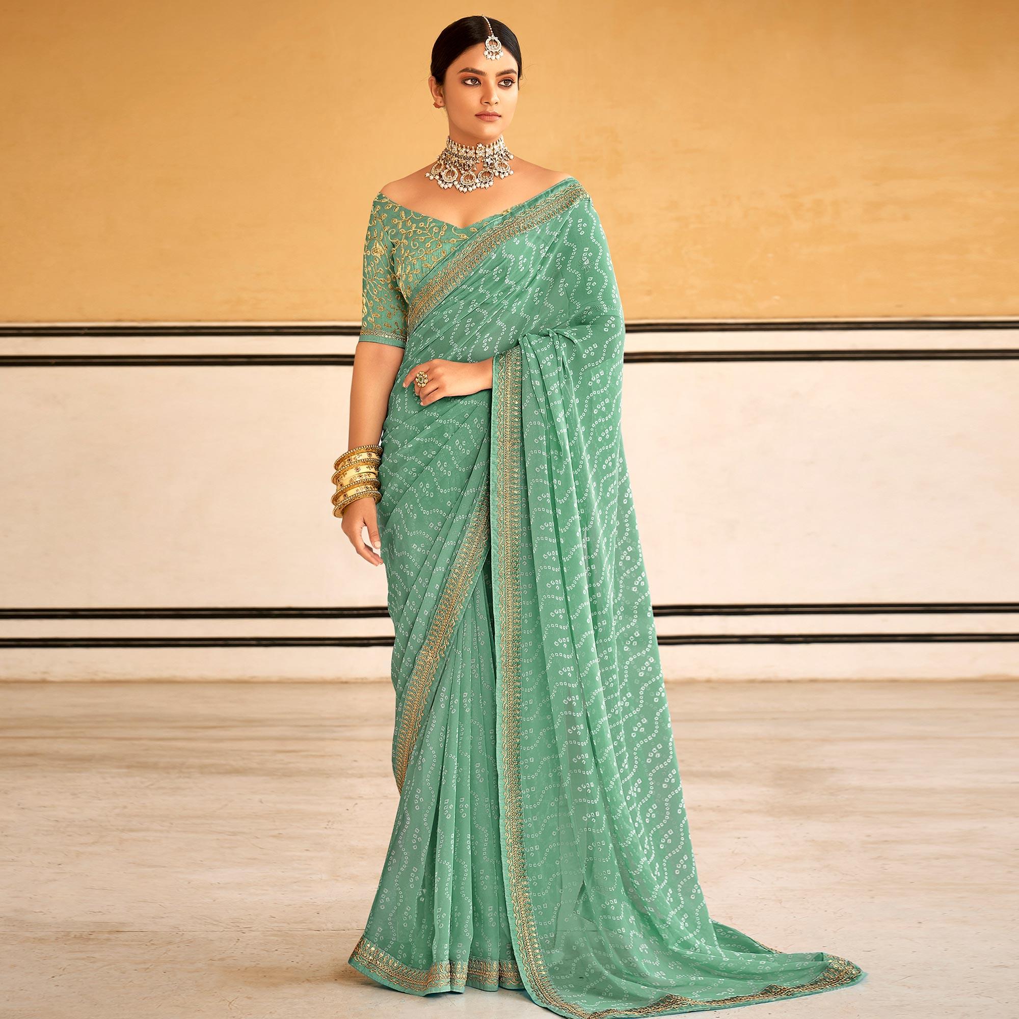 Sea Green Bandhani Printed Georgette Saree - Peachmode